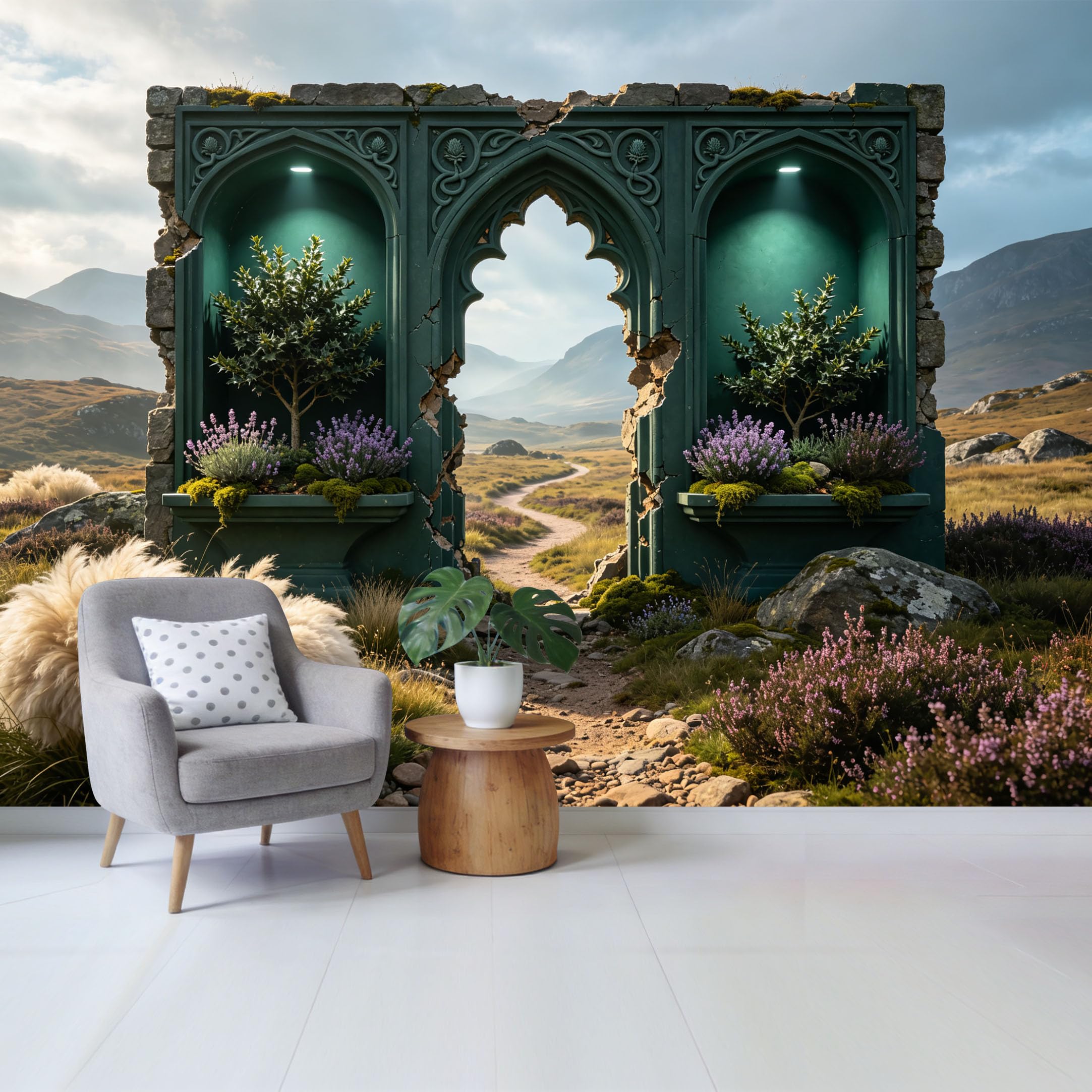 Custom Size Wall Mural Gothic Arch Ruins Botanical Landscape Pathway Mountain View Removable Self Adhesive Fabric Home Wall Decor for Living Room Bedroom Bathroom