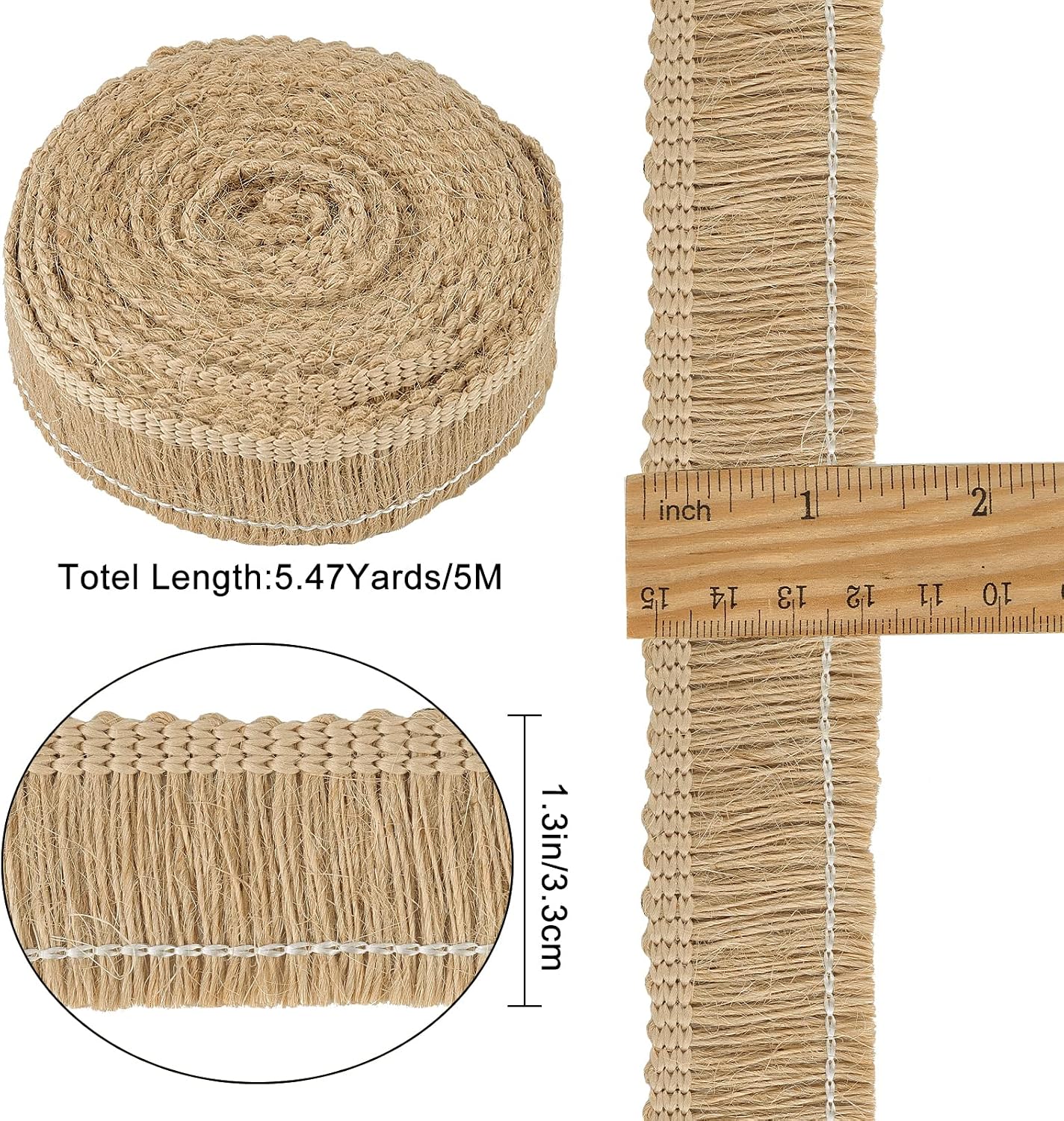 GORGECRAFT 5.5Yds x 1.3 Inch Burlap Fringe Trim Tassel Jute Lace Sewing Chainette Fringe Fibre Trimmings Flat Jute Cord Handmade Hemp Rope Brush Fringe Basic Trim Collection for Latin Wedding Dress