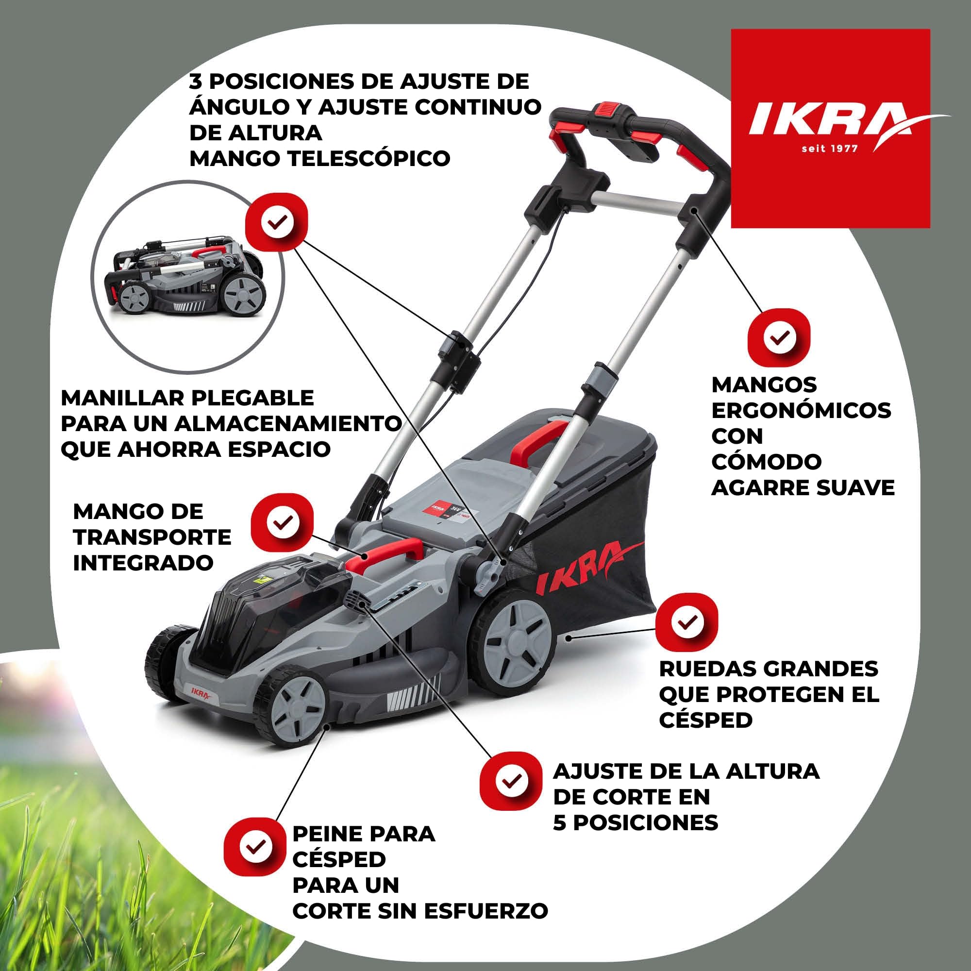IKRA cortacésped IB-LM 38, 3 en 1, 38 cm, sin batería de 36 V ni Cargador | Compatible con Bosch, recomendado para 400 m², altura de corte de 30-75 mm, cesto recogedor de 42 l, kit de mulching incluido
