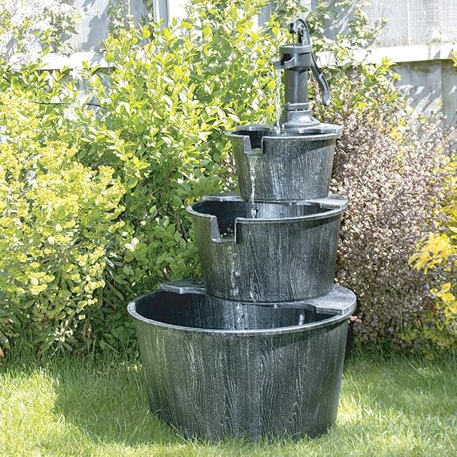 GardenKraft 21409 3 Tier Antique Silver Barrel Fountain / Cascading Water Feature / Weatherproof Design / Easy to Install / Tranquil Garden Ornament