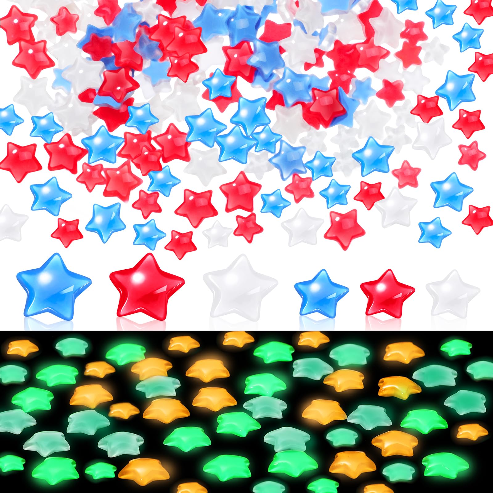 Weysat 240 Pcs Glow in Dark Veterans Day Vase Filler Patriotic Acrylic Star Gem Bead Resin Luminous Star Crystal Red White Blue Decor for Memorial