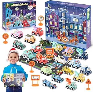 Advent Calendar 2025 Kids Age 3-12, 24 Days Pull Back Cars with Traffic Map Gifts for Boys Girls Car Advent Calendar for Kids Gifts for 3-12 Year Old Boy Christmas Xmas Gifts Cars for Boy Age 3-12