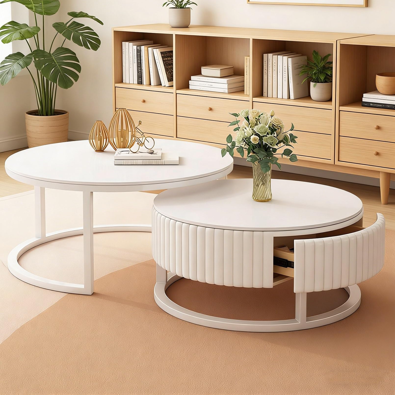 Redonda Mesa De Centro Salón Blanca Mesa Cafe Juego De 2 Mármol Mesita Auxiliar Salón con Cajon 50+70cm Mesas Nido para Salon Dormitorio Oficina con Estructura De Metal Fácil De Montar