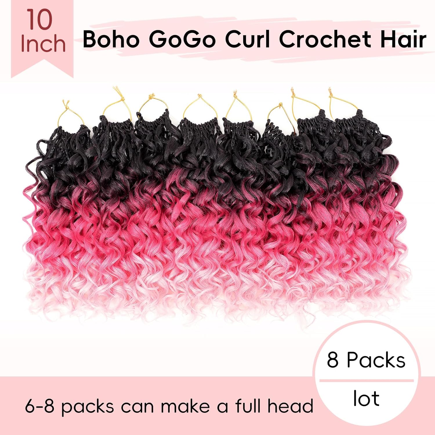 GoGo Curl Crochet Hair Pre twisted 10 Inch 8 packs Short Pink Curly Crochet Hair for Women Pre looped Boho Box Braids with Curly Ends Water Wave Synthetic Hair Extensions 1B/Rose/Pink