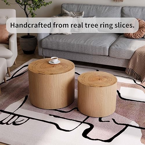 Miniatura 6 de Juego de 2 mesas auxiliares anidadas, mesa auxiliar redonda moderna y mesa auxiliar, mesa auxiliar circular de madera natural para sala de estar,