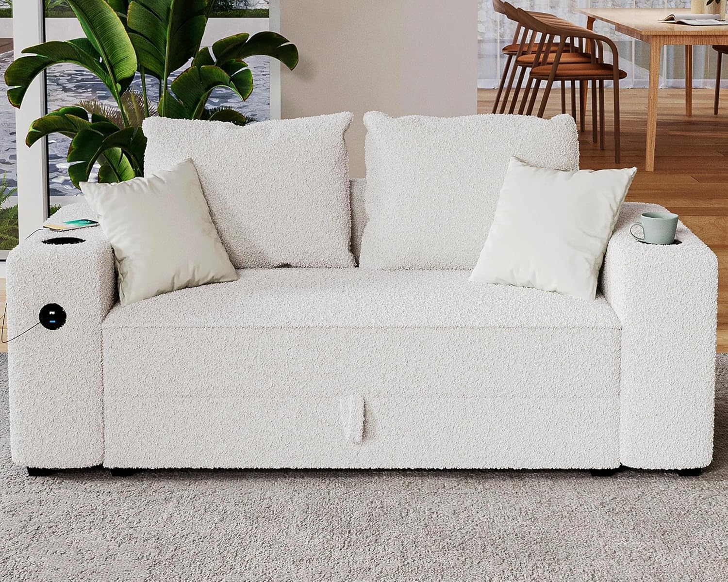 AMERLIFE Comfy Sofa, Modern Upholstered Sofa with 2 USB Ports & Cup Holders, Loveseat with Storage, Bouclé Fabric Couch, White