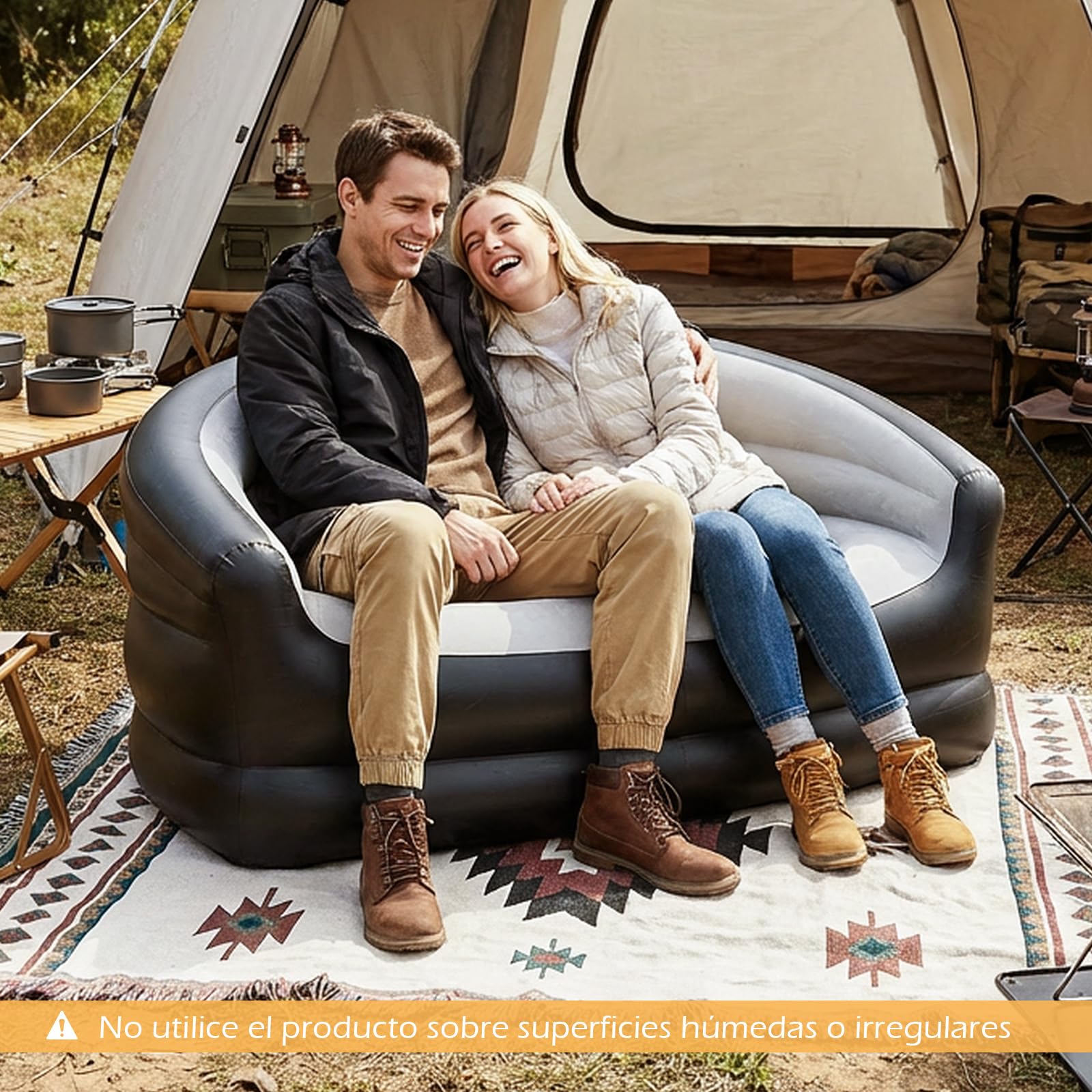 COSTWAY Sofá Inflable para 2 Personas, Sofá Hinchable Doble Portátil y Plegable con Superficie Flocada, Reposabrazos, Sillón Inflable para Exterior, Interior, Camping, Viajes, Sin Bomba