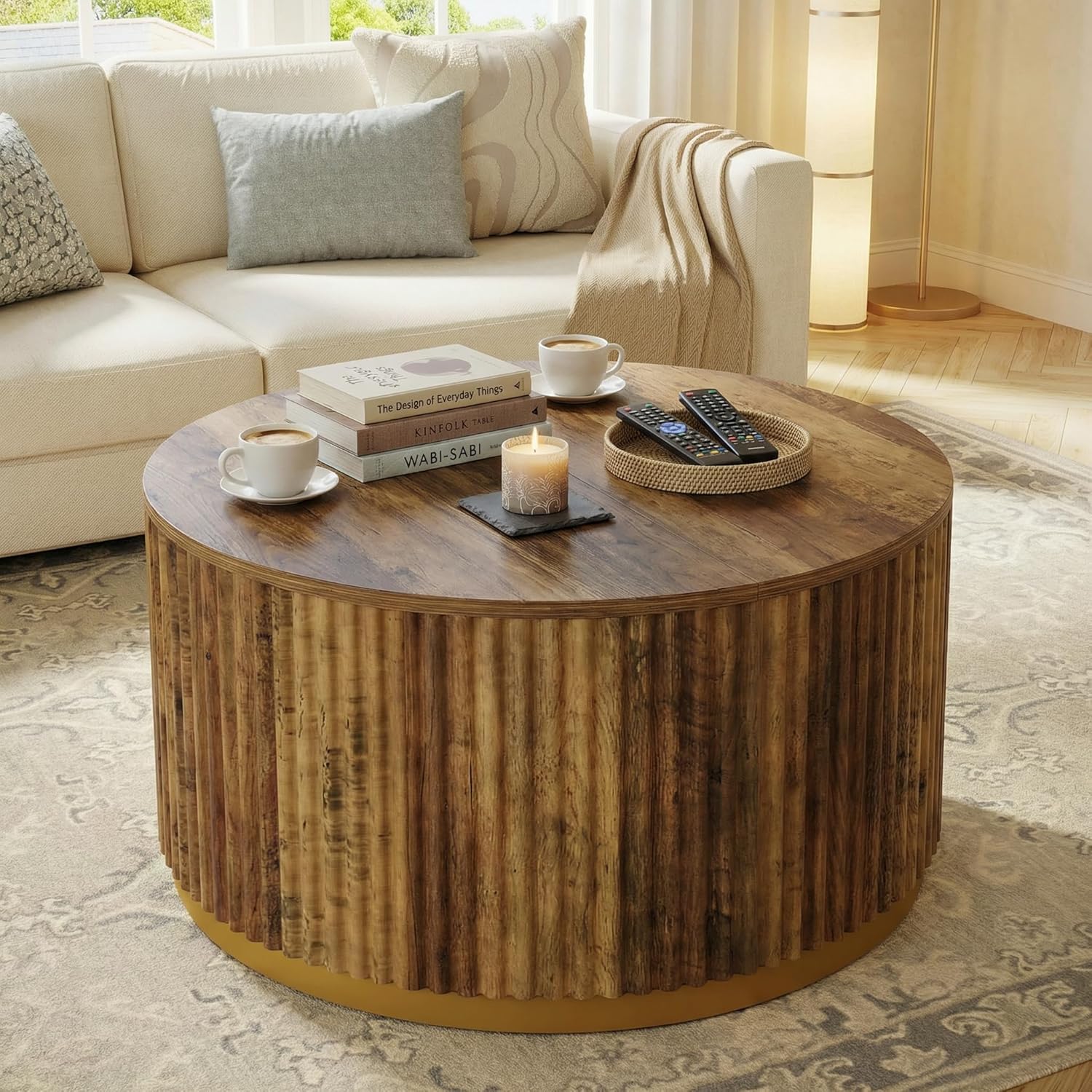 Tribesigns 31.5" Round Coffee Table, Fluted Wooden Center Table with Sturdy Drum Base, Mid Century Modern Furniture for Living Room, Small Space or Office, Rustic Brown