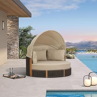 PURPLE LEAF Outdoor Round Daybed with Adjustable Canopy for Patio, Brown | Soft Olefin Fabric & Thick Cushions for Lasting Comfort, Adjustable Canopy for Shade, Aluminum Frame Built to Last
