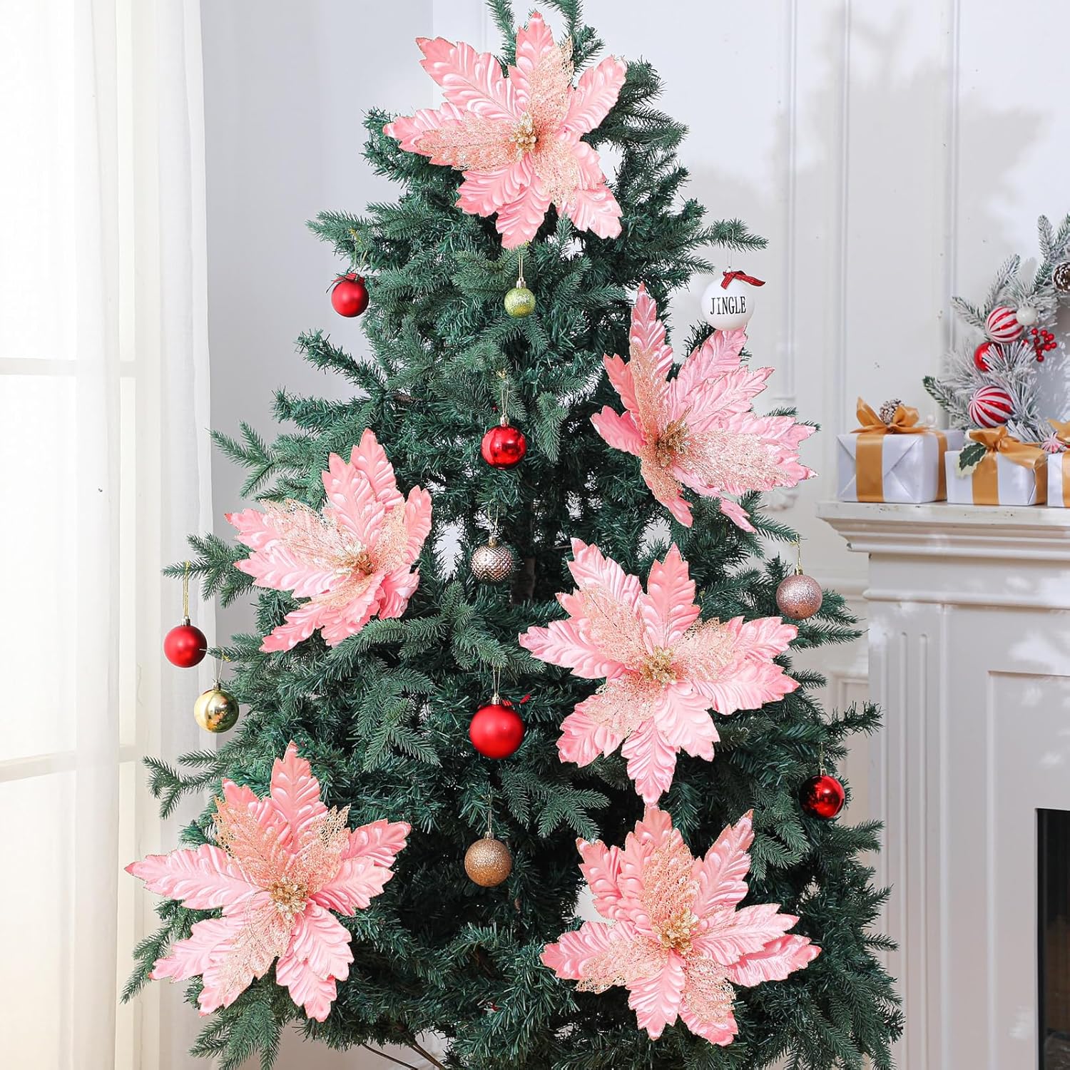 6 Pcs 18 x 15 Inch Large Pink Christmas Poinsettia Flowers Jumbo Rose Gold Xmas Ornament Pink Christmas Tree Decorations Rose Gold Glitter Poinsettia for Wreath Garland Indoor Outdoor Decor