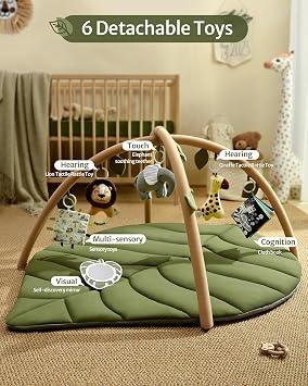 Blissful Diary Baby Play Gym & Activity Mat, Oversize Leaf Shaped Baby Play Mat w 6 Detachable Toys, Tummy Time Mat Promote Motor Skills & Sensory Development Mat, Newborn Infant Baby Essentials Gift