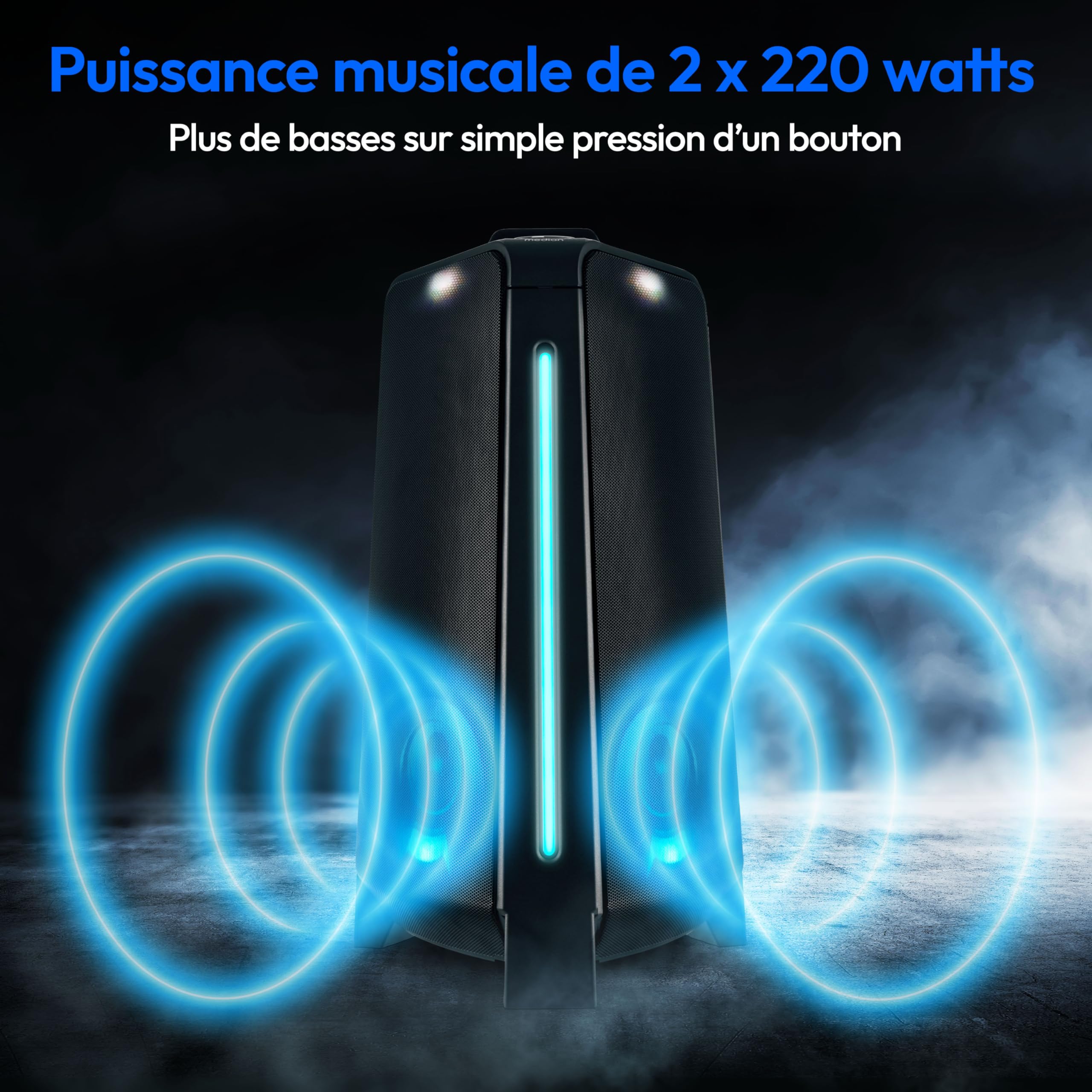 MEDION P15012 Party-Soundsystem (haut-parleurs de fête avec microphone, karaoké Partybox, batterie, Bluetooth, True Wireless Stereo, 2X 220 watts, effets lumineux, USB, AUX, 2X prise microphone, insta