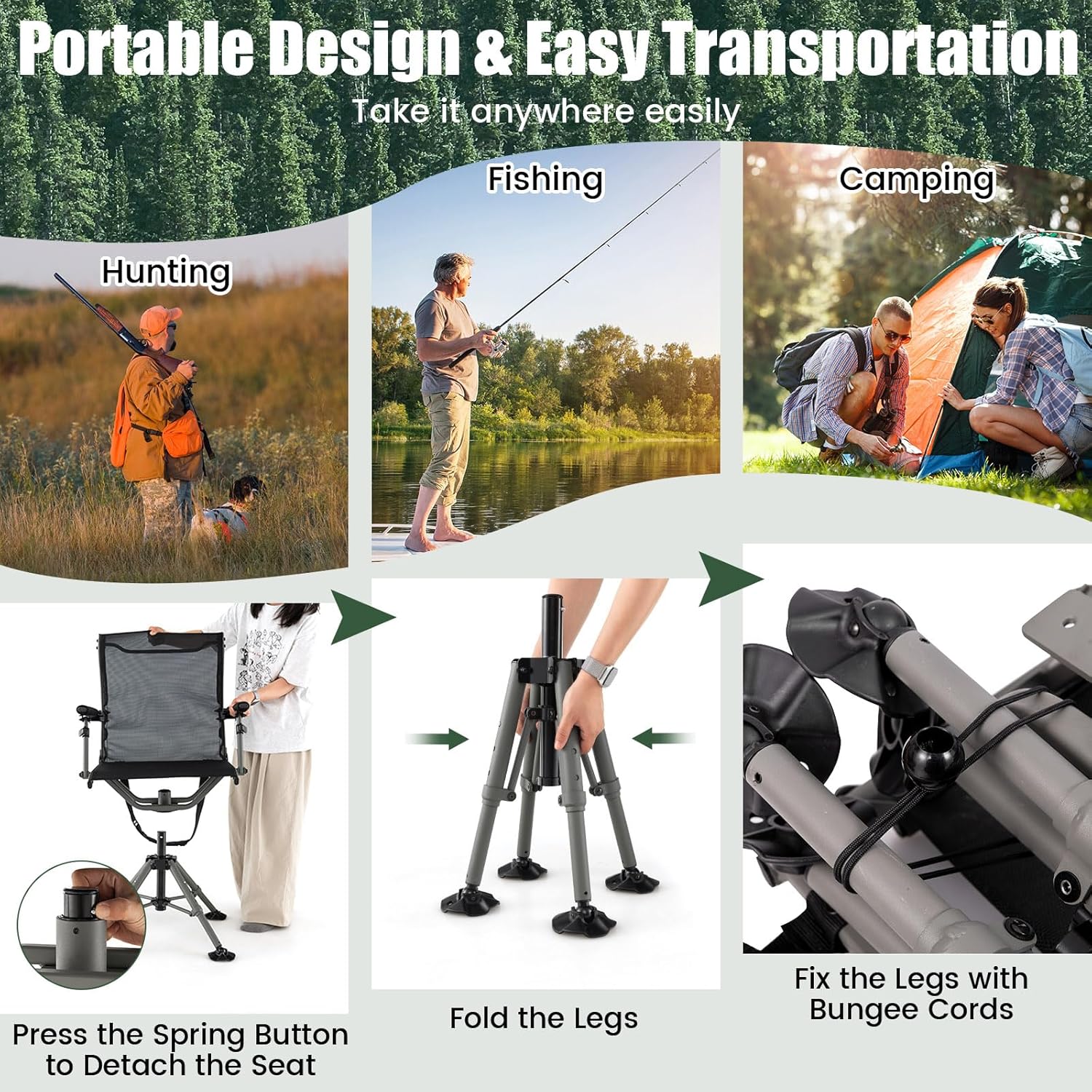 GYMAX Hunting Chair with Gun Rest, 360° Swivel Hunting Blind Chair w/Adjustable Height & Armrest, All-Terrain Duck Feet, Shoulder Strap, 330 LBS Folding Outdoor Ground Blind Seat