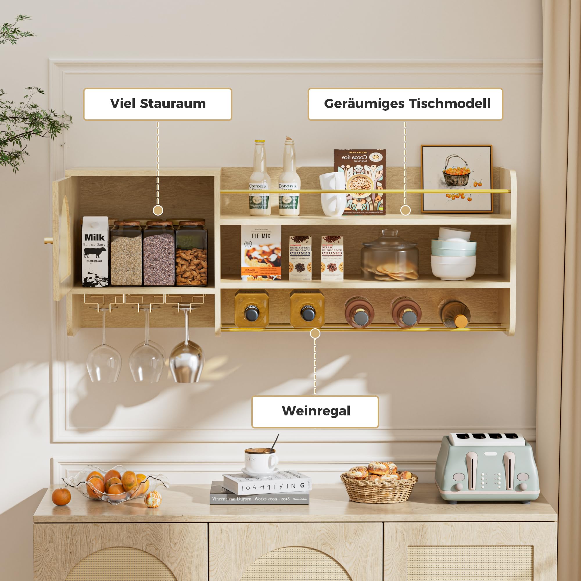 BonVache Weinschrank, mit verstellbaren Weinregalen und Glasablagen, Getränkelagerung, Küchen-Weinregal, geeignet für Esszimmer und Wohnzimmer, in Naturholzoptik