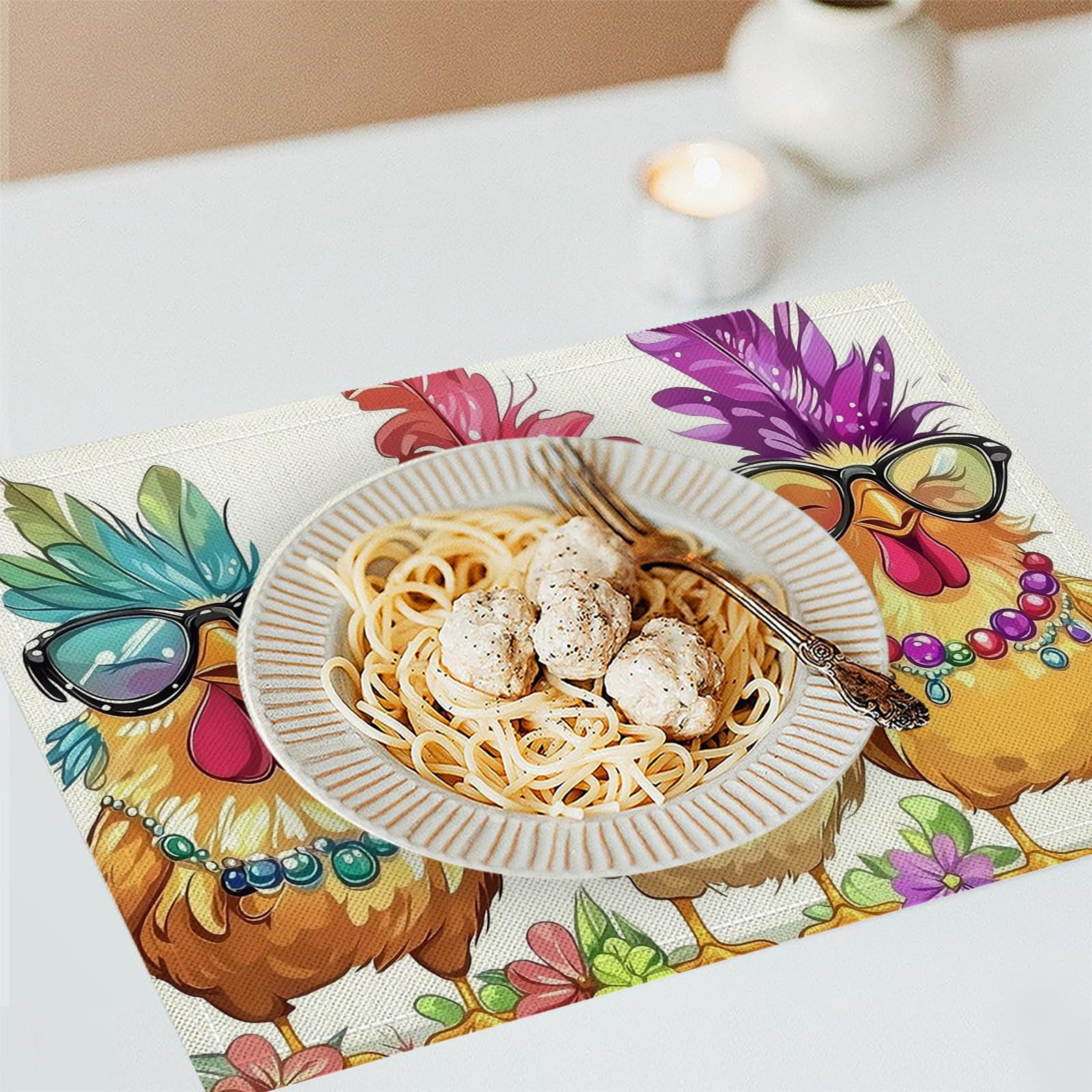 Tovaglietta Americana Fumetto in Cotone Lino Rettangolare - Tovagliette Set di 8 Tre polli Resistente al Calore per La Cucina, Il L'Ufficio, 30 x 45cm