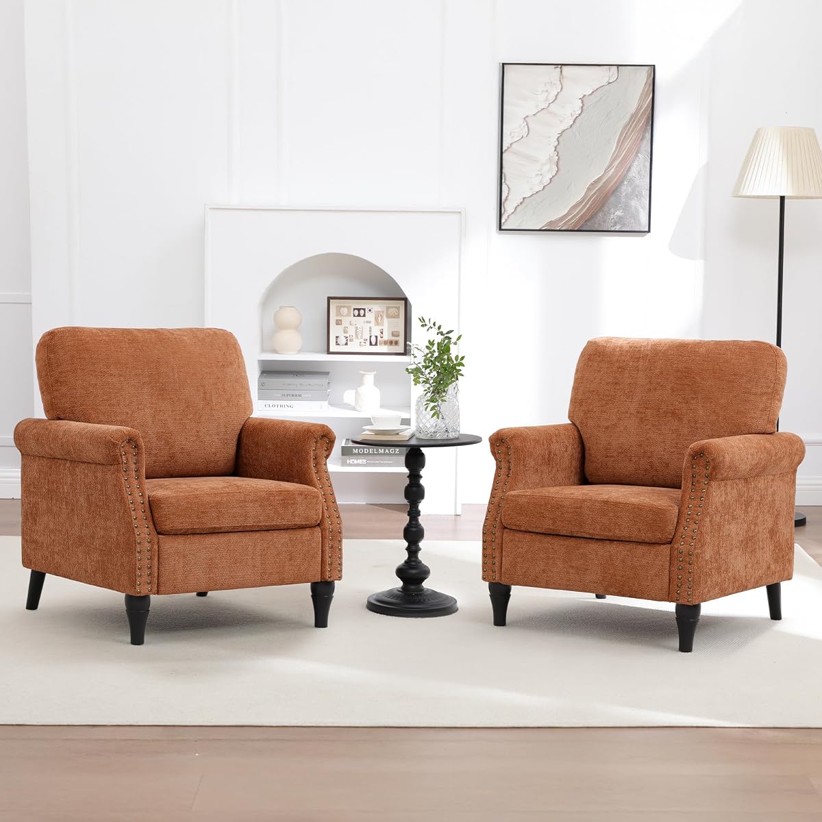 Silla decorativa para sala de estar, moderna silla de lectura de mediados de siglo, sillón tapizado con respaldo alto y patas de madera para sala de estar, dormitorio, oficina (naranja, 2 unidades)