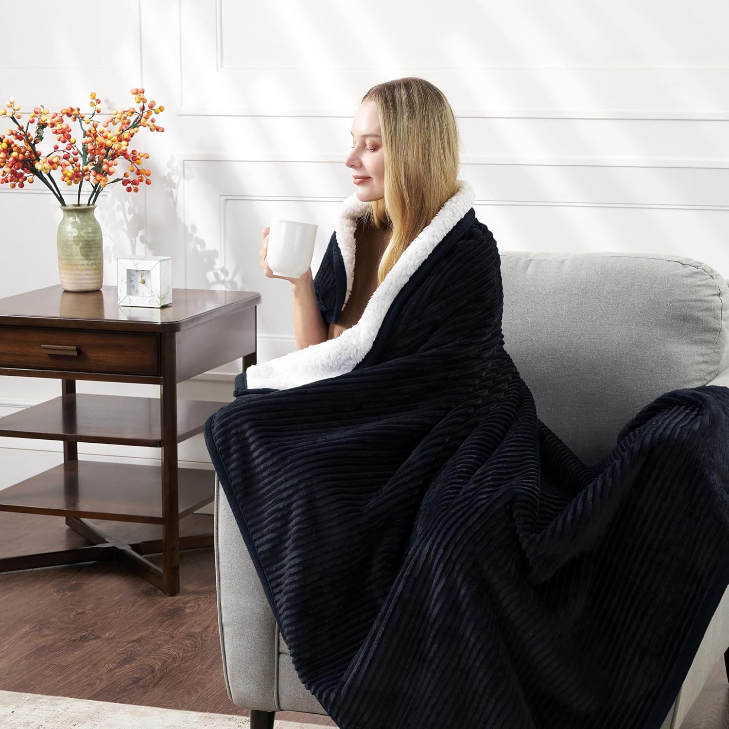 Corduroy Velvet Plush Ribbed Throw Blanket with Ultra-Soft Sherpa Reverse - Cozy Reversible Sofa & Bed Throw - All Season Décor (Jet Black, 50" x 60")