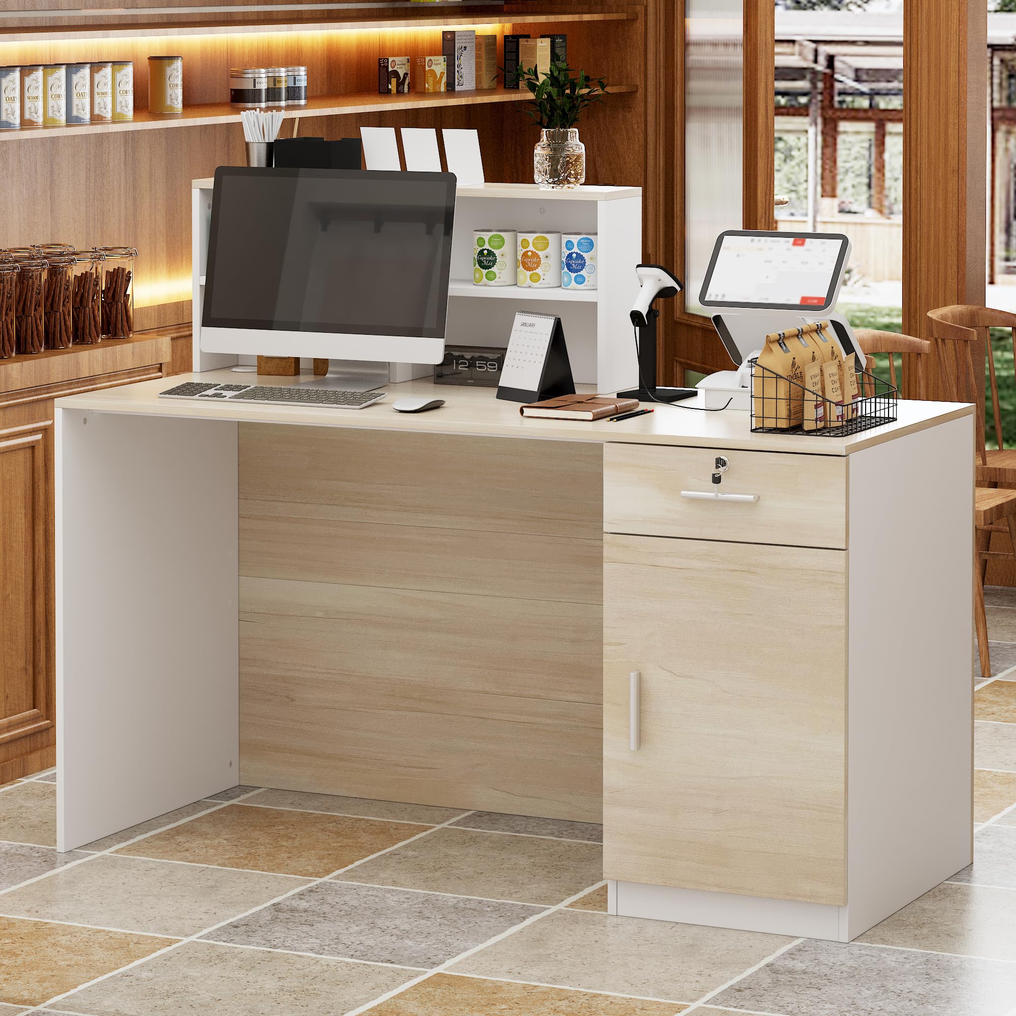Caldion Rezeptionstheke 140cm mit Schublade und Regalen Weiß Eiche 140x60x110cm