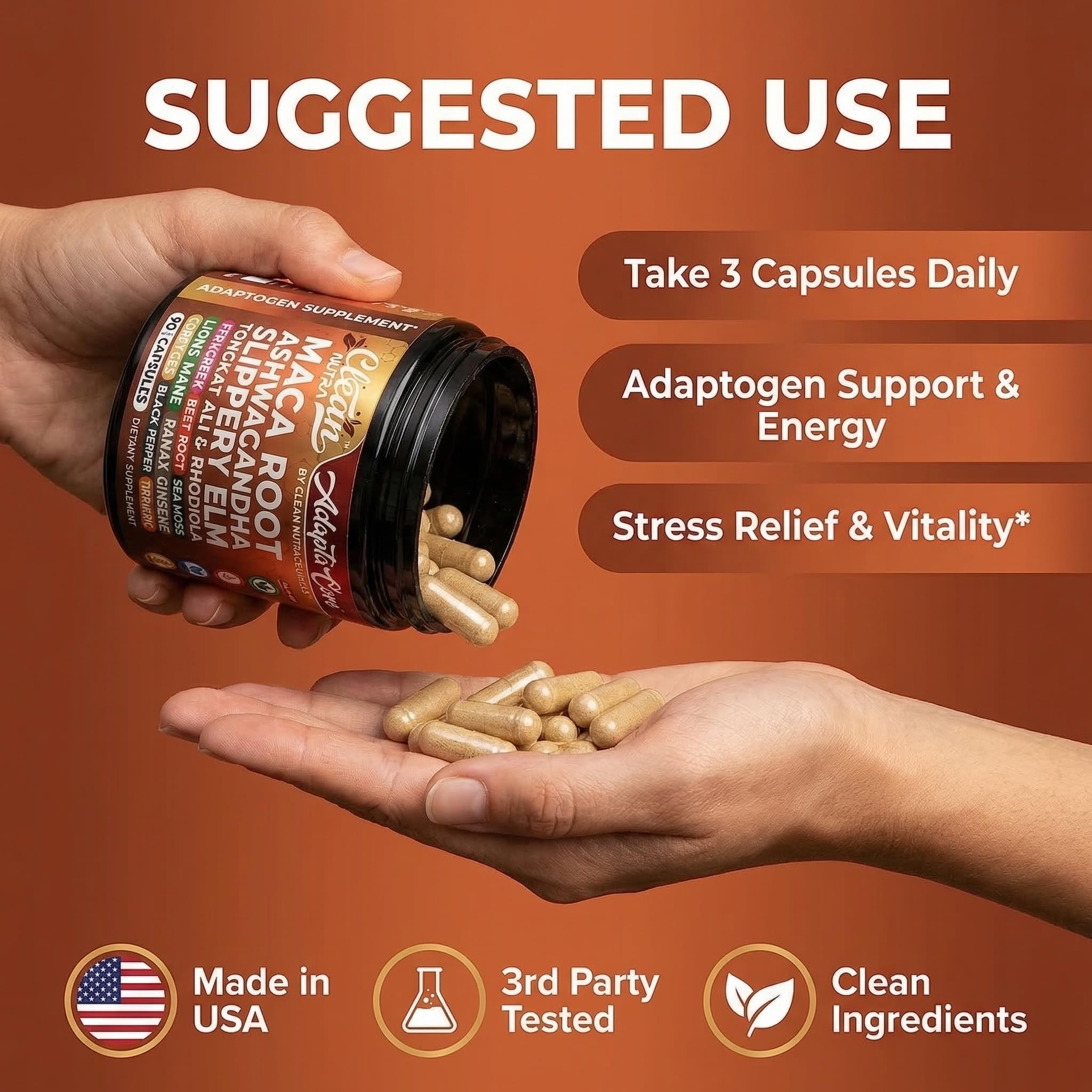 Clean Nutra Organic Maca Root Capsules for Women + Ashwagandha Slippery Elm Tongkat Ali Rhodiola Rosea Fenugreek Beet Root Sea Moss Ginseng Black Yellow Red Maca Powder Supplement 90 Pills — Amazon image 6