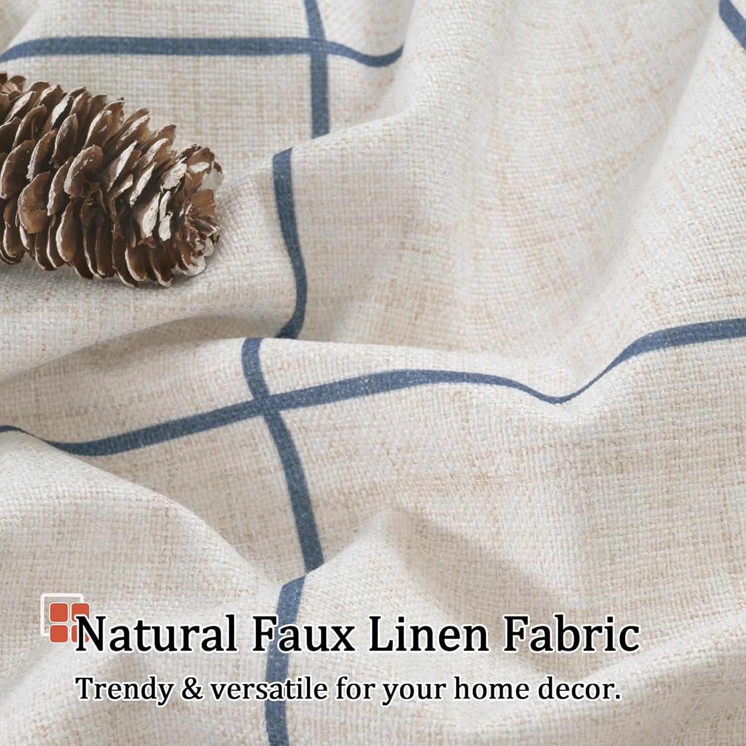 Lajode Navy Blue Linen Blackout Curtains for Living Room - Boho Plaid Pattern Thermal Insulated Grommet Cottage Core Window Treatments Rustic Drapes for Farmhouse, 52x84 Inch 2 Panels
