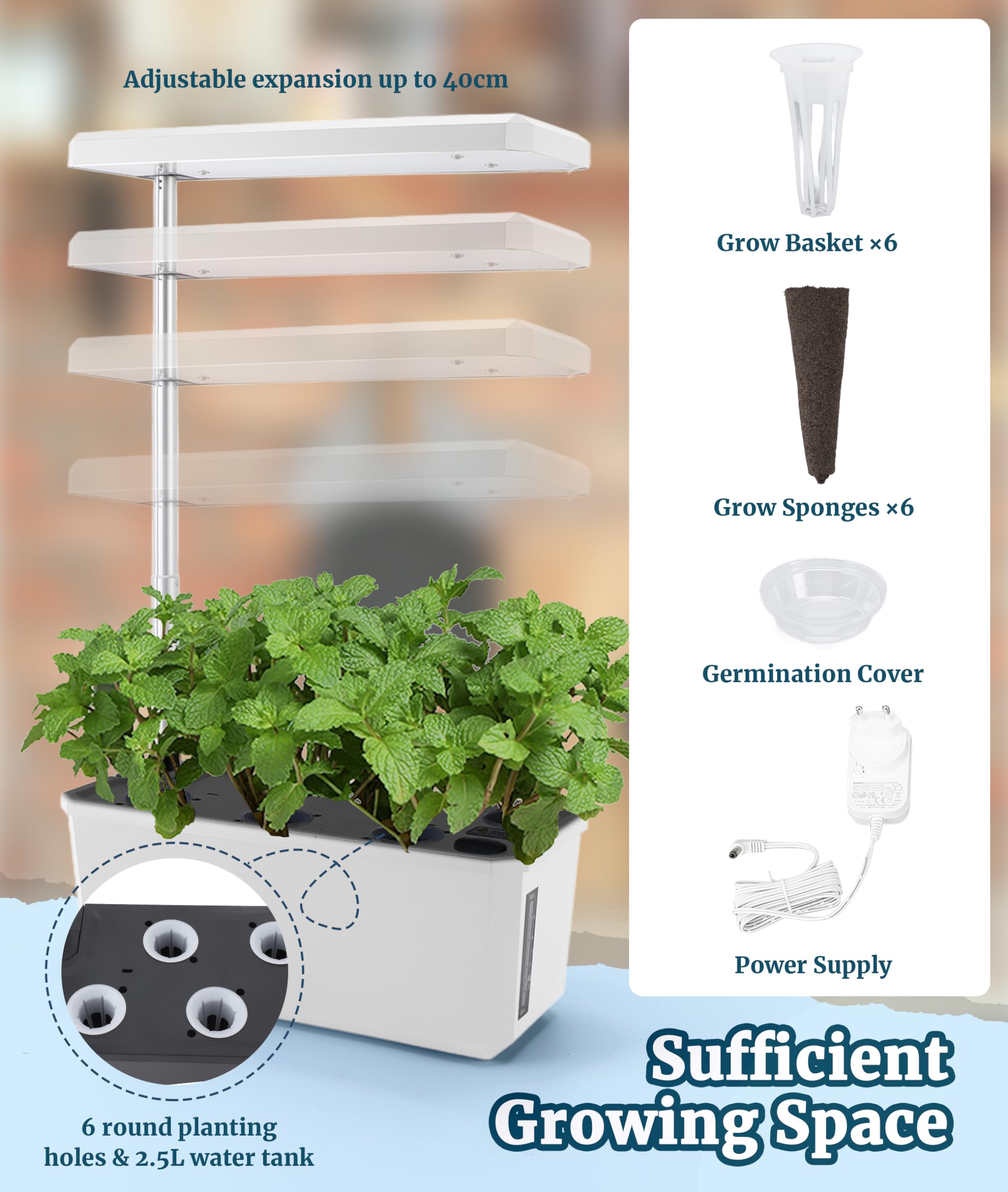 System Uprawy Hydroponicznej Gugxiom Ogród Kryty, 6 Kapsułek Zestaw do Uprawy Hydroponicznej ze światłem LED, przestrzeń Uprawy 40 Cm, do ziół i Roślin (BLACK)