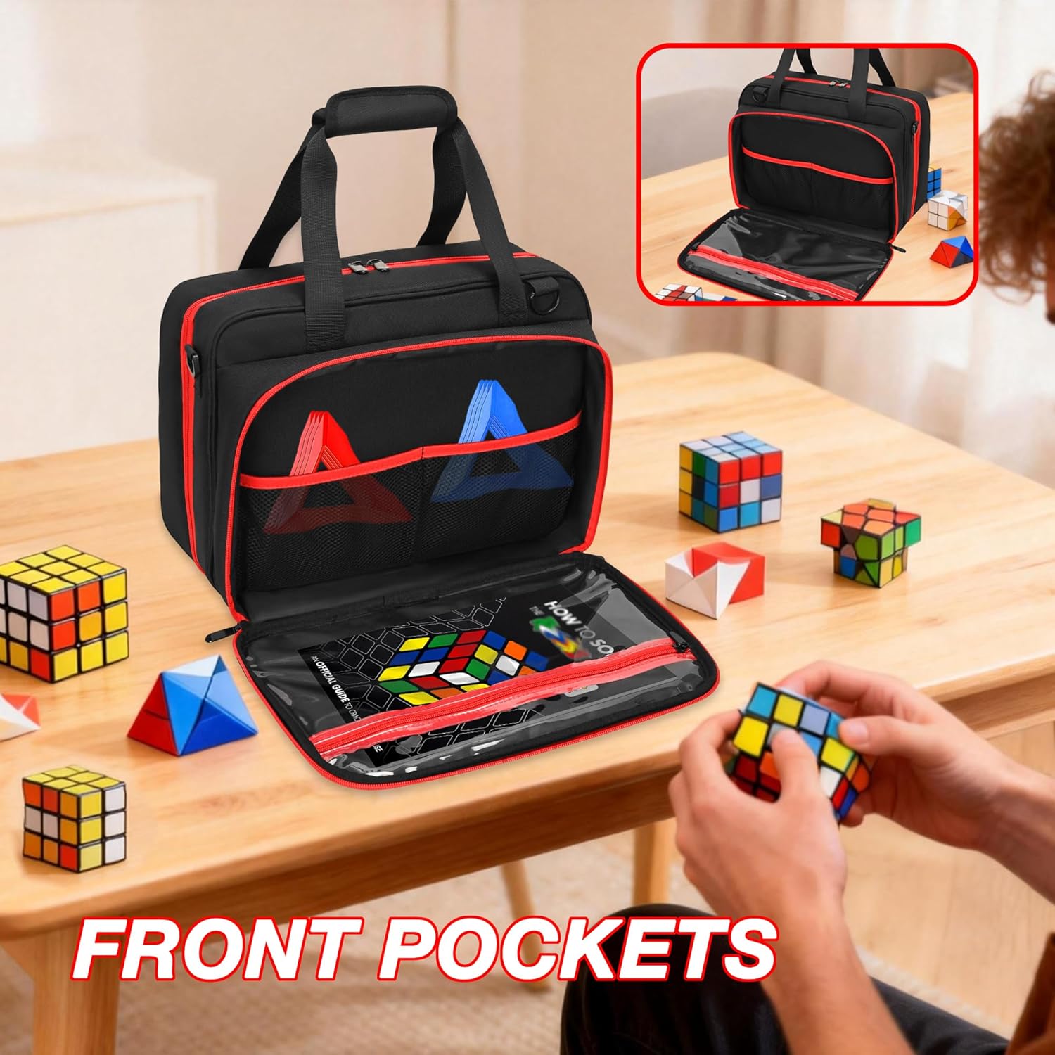 Speed Cube Carrying Case for Holding 30+ Rubix Cubes & Timer with Shoulder Strap, Puzzle Cubes Storage Bag for Weird Magnetic Cubes, Cube Stands, Instruction Manuals, Black, Bag Only