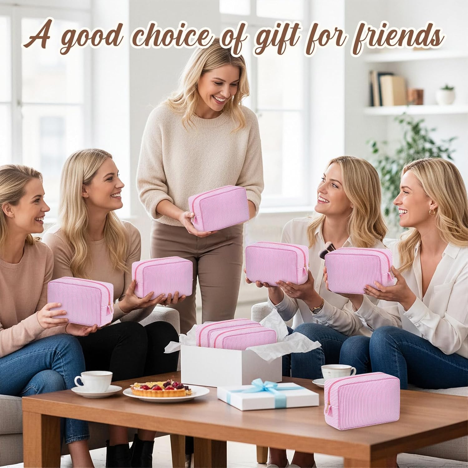 Sanwuta 10 Pcs Seersucker Cosmetic Bag Seersucker Makeup Bag Women Stripe Large Travel Toiletry Organizer Preppy Storage Pouch for Embroidery Wedding Bridesmaid Bride Mom(Pink)