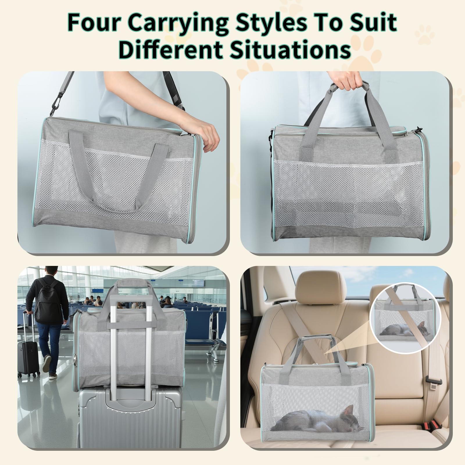 Cozary Trasportino Portatile per Gatto Cani Piccoli Pieghevole Leggero con Cuscino Tracolla Regolabile e Borsa Laterale Trasportino Rigido per Auto (45x30x30cm, Grigio)