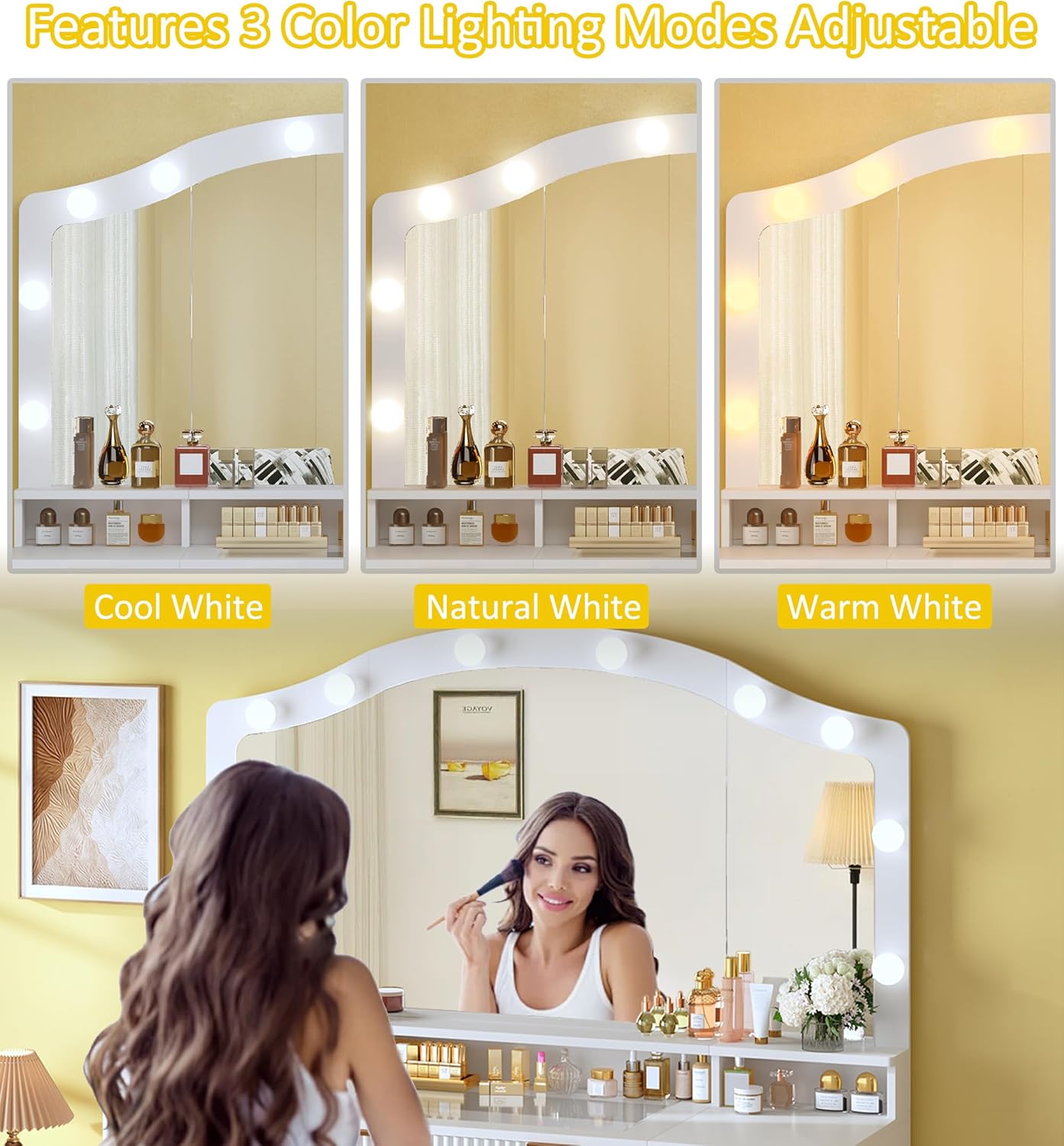 Three panels showing the mirror lights in Cool White, Natural White, and Warm White settings, with a user applying makeup in the bottom panel.