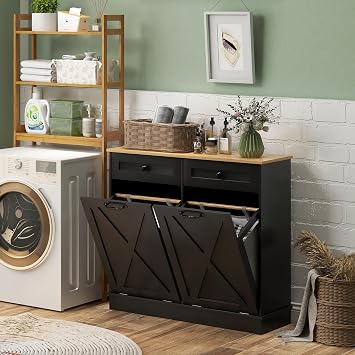 HOMCOM Tilt Out Laundry Hamper Cabinet with 2 Removable Baskets, Black