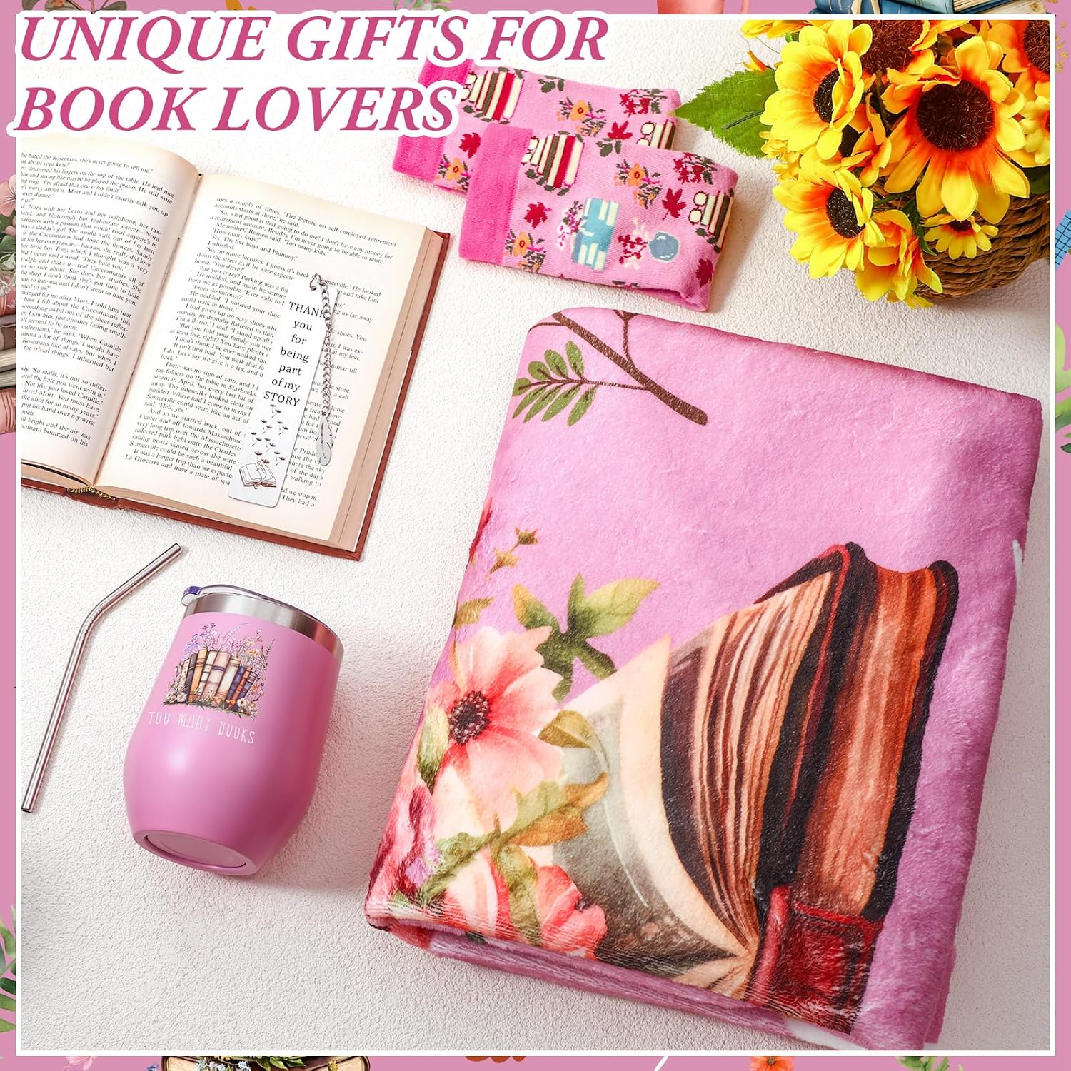 Sieral 4 Pcs Book Lovers Gifts for Women Teacher Appreciation Week Book Gift Include 60" x 50'' Reading Blanket 12oz Insulated Tumbler Sock Bookmark for Teacher Mother Bookish Library Club(Pink)