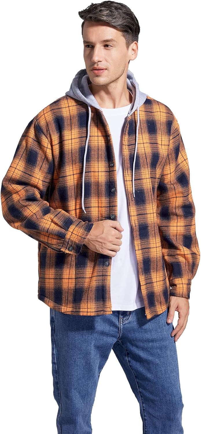 Men's Cotton Plaid Shirts Jacket Fleece Lined Flannel Shirts Sherpa Button Down Jackets with Hood for Men - Image 5