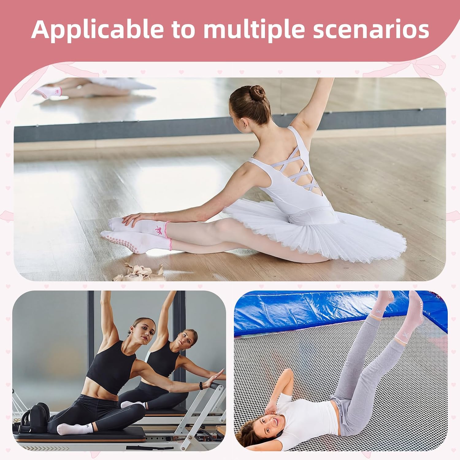 Jiuguva 8 Pairs Cute Grip Pilates Yoga Socks for Women, Bow Nonslip Ruffle Crew Grippy Yoga Socks with Grip Barre Pilates Gift for Work Gym Dance Fitness