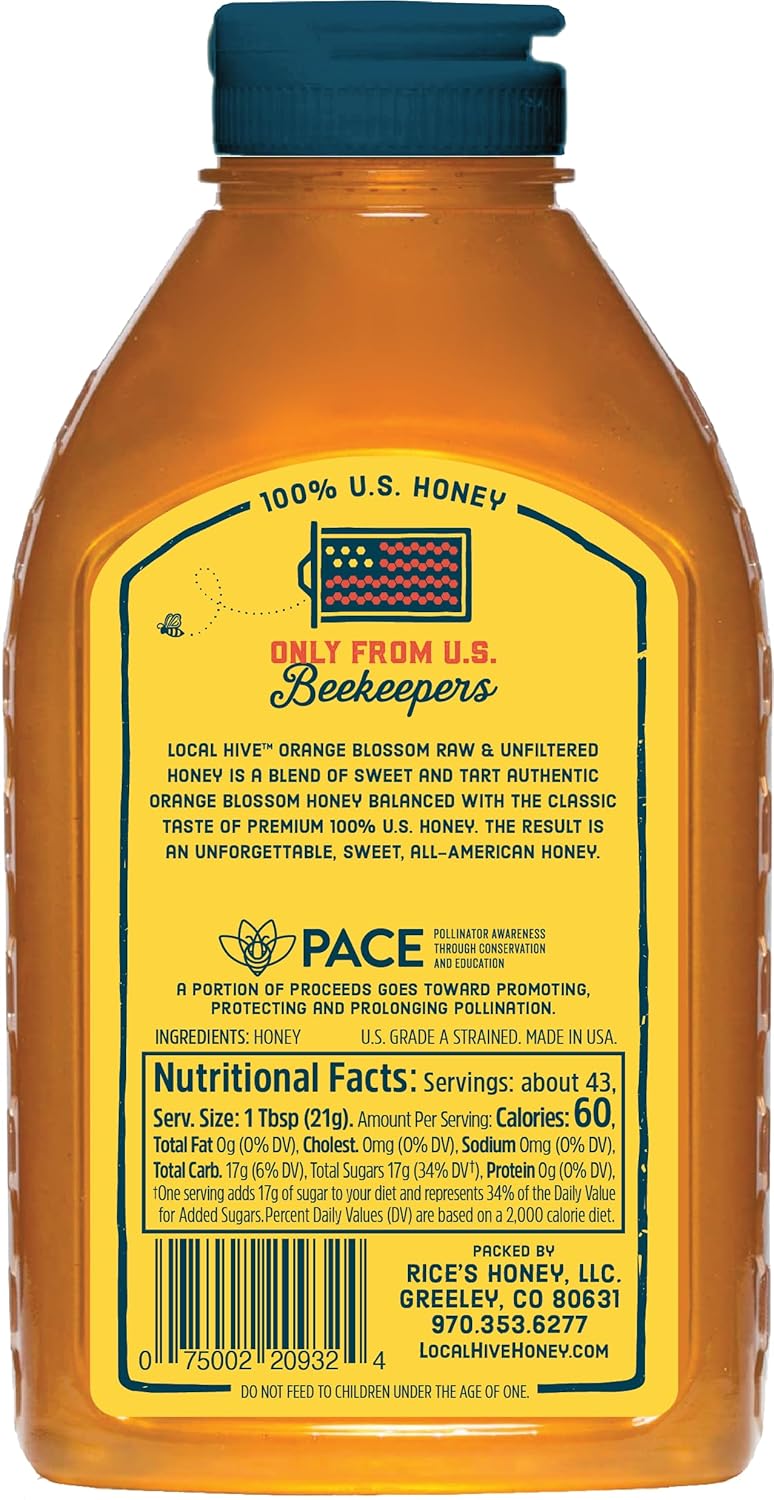 Local Hive Orange Blossom Raw & Unfiltered – 32 oz | 100% Pure U.S. Honey | Natural Sweetener Sourced from American Bees & Beekeepers | Bright Citrus Floral Flavor | Ideal for Tea, Baking & Cooking