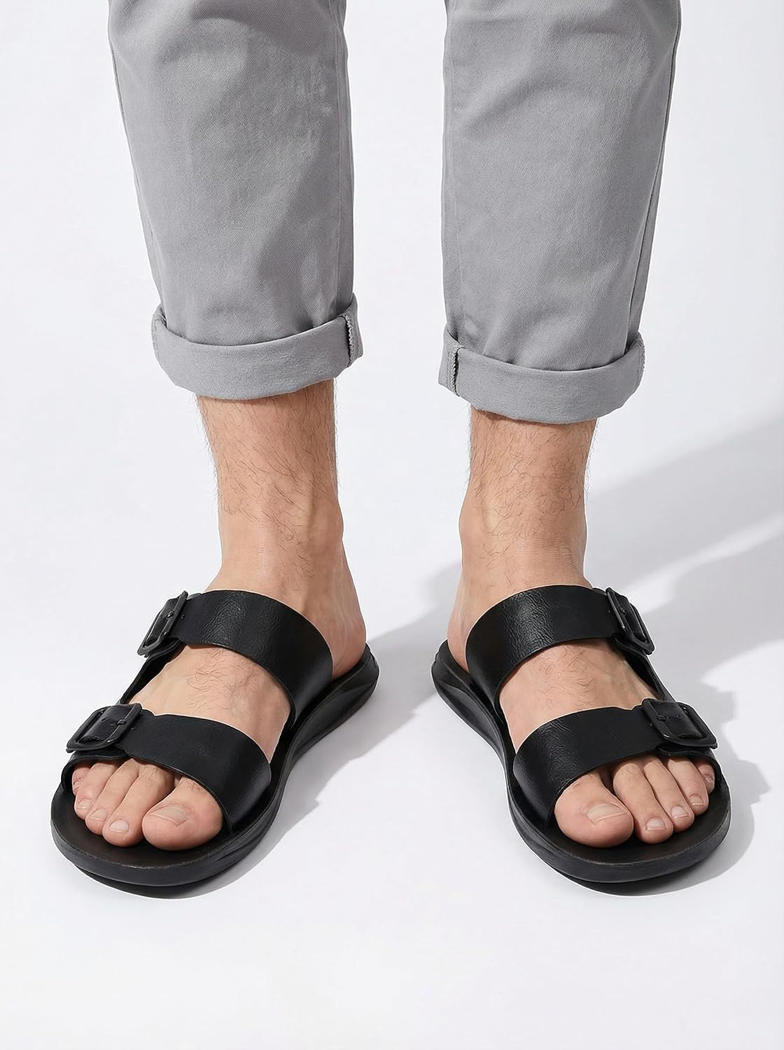 Men's Double Buckle Slide Sandals Two Strap Adjustable Casual Sandals Anti-Slip PU Microfiber Faux Leather Summer Sandals 3cm image 2
