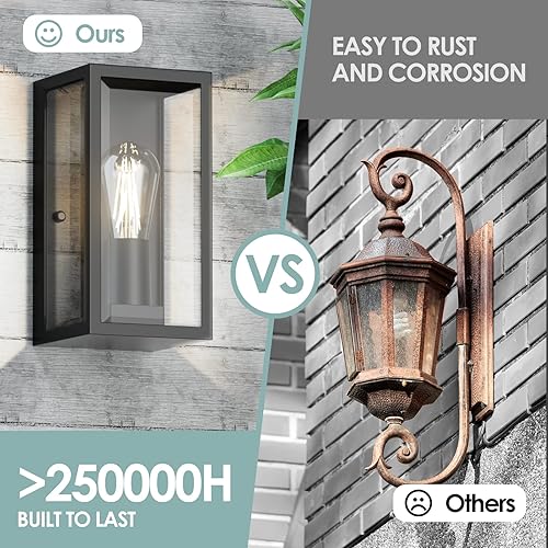 Miniatura 4 de Farol de pared para exteriores, moderna lámpara rectangular con negro mate antioxidante, pantalla de vidrio transparente impermeable, enchufe E26