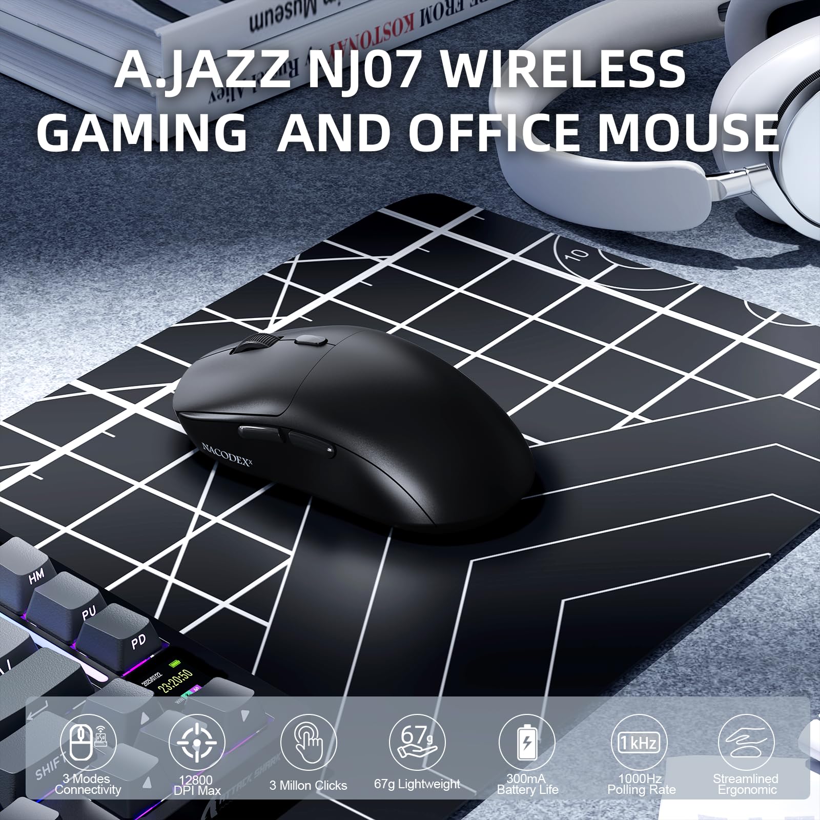 A.JAZZ NJ07 SUPERLIGHT Wireless Computer Mouse, BT/2.4G/USB-C, 67g Lightweight, 12800 DPI, 300mAh Battery, 1K Polling Rate, Streamlined Ergonomic, Cordless Silent Gaming Office Mice for PC/Mac-Black — view 2