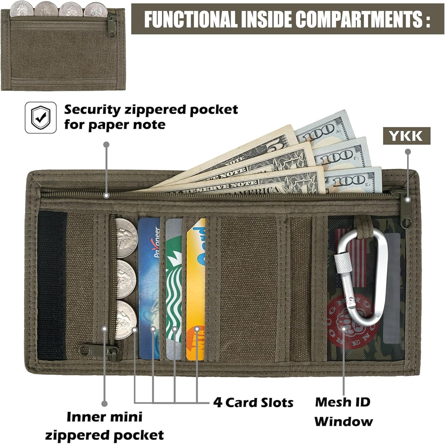 Rough Enough Boys Wallet for Kids Teens Men with Neck Lanyard Keychain with Zipper in Tactical Canvas Army Green