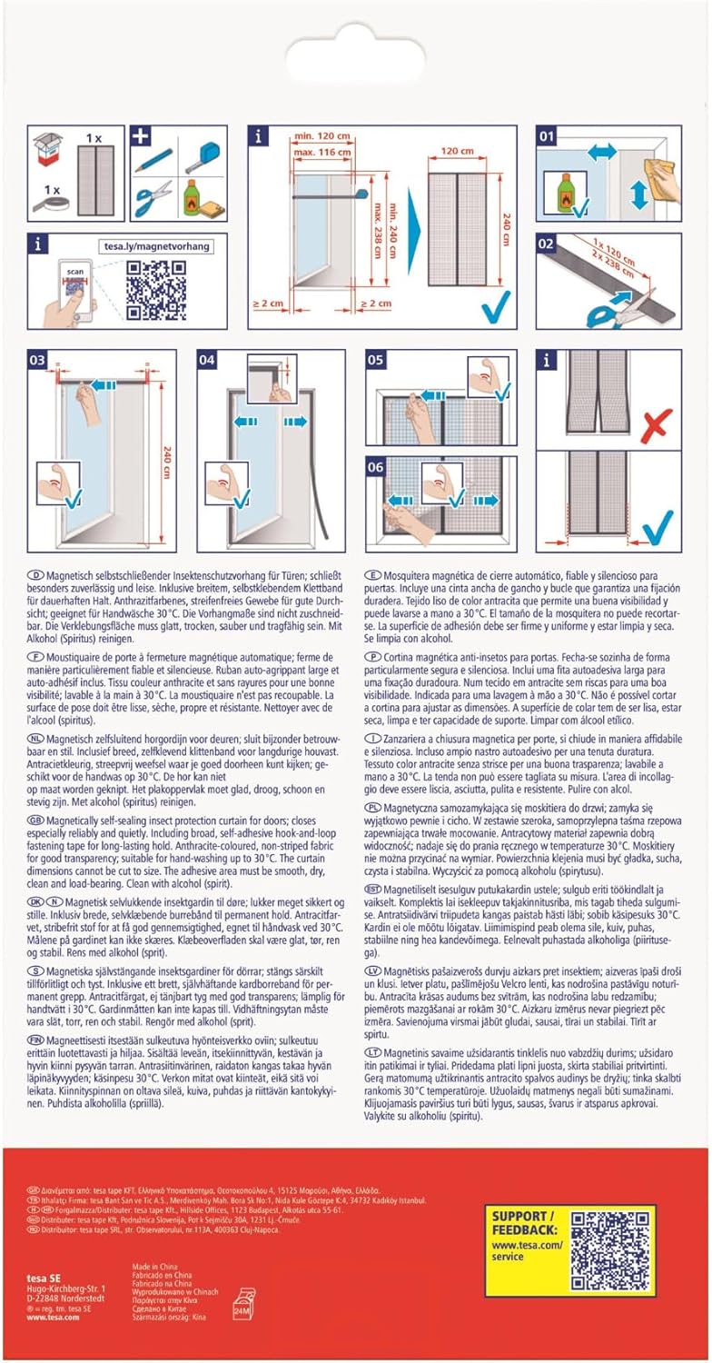 tesa Impenetrable Magnetic Mosquito Net - Fly and Spider Insect Net for Balcony and Patio Doors - Simple Assembly, No Drilling - 2.4m x 1.2m