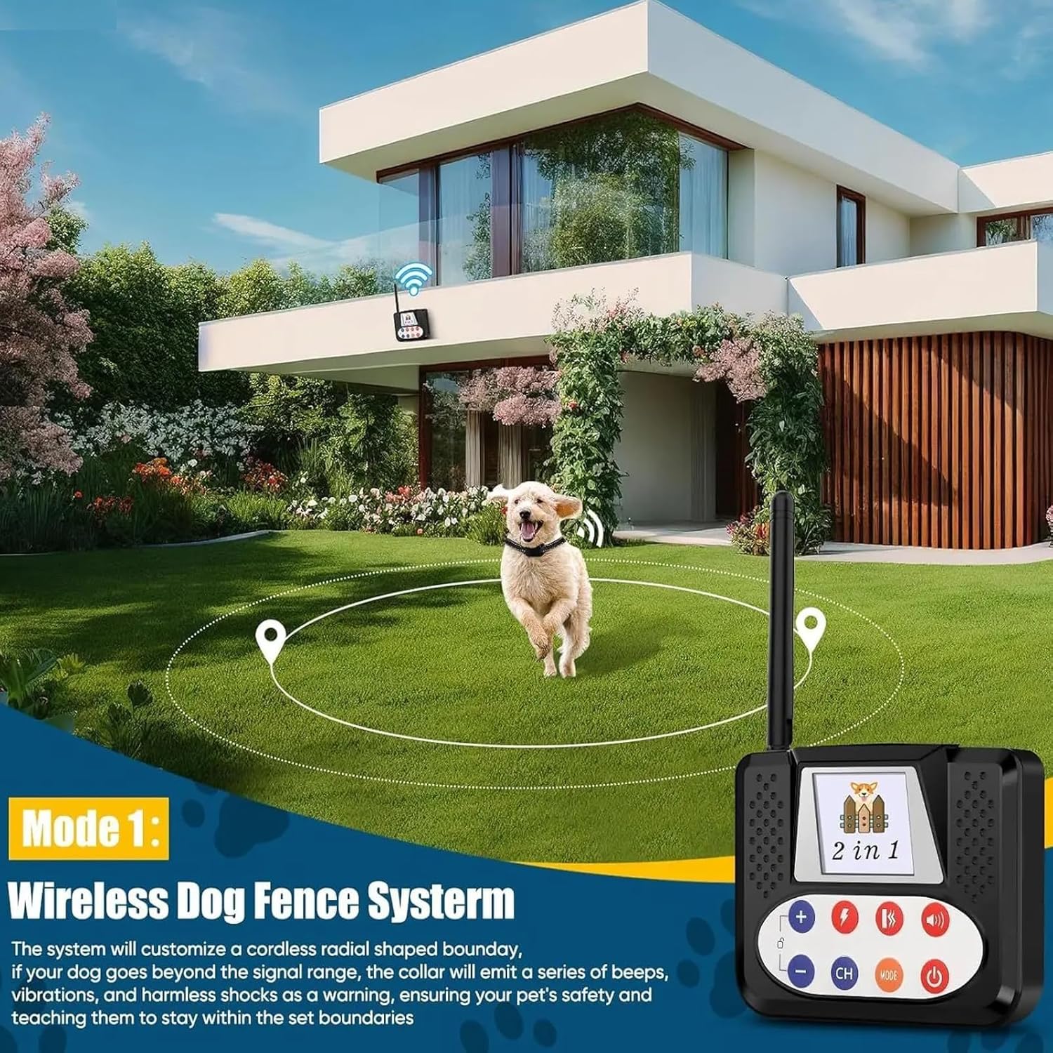 Wireless Dog Fence, Electric Dog Fence & Training Collar with Big LCD Screen, Waterproof and Rechargeable Receiver, Vibration & Shock, Pets Containment System Boundary Container,for1dog
