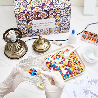 Baquler Turkish Mosaic Lamp Kit DIY Stained Glass Decorative Table Bedside Night Light Tabletop Bohemian Morrocan Lamp Crfat Kit for Living Room Decorations, Make Your Own(Multicolor)
