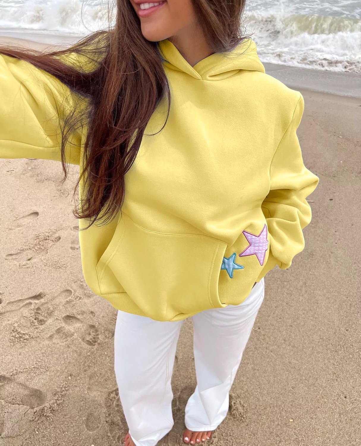 Cioatin Women Oversized Star Embroidery Graphic Hoodies Cute Y2K Aesthetic Long Sleeve Fleece Hooded Sweatshirt Fall Pullover - Image 3