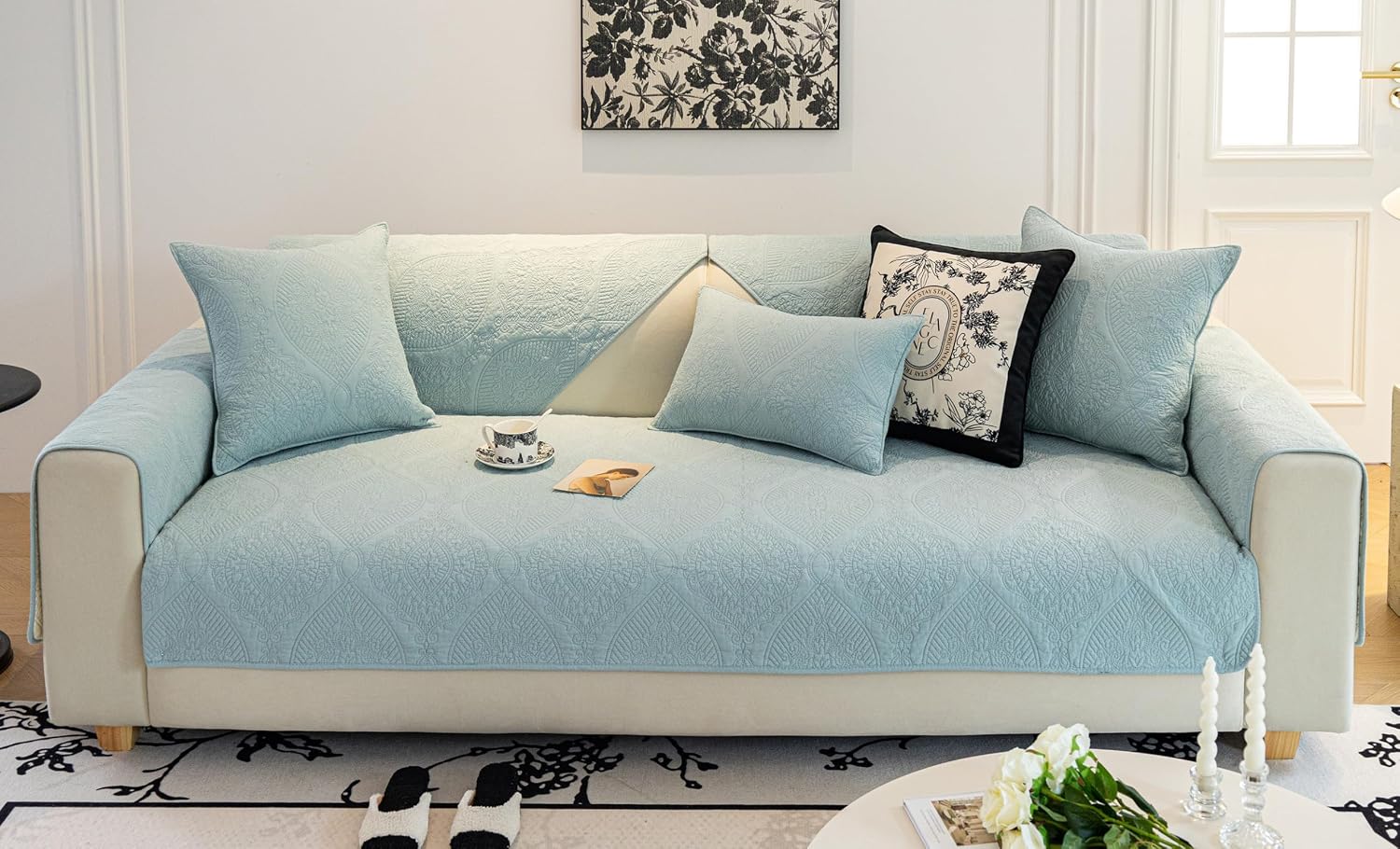 Leaf Quilted Sectional Couch Cover Luxury Vintage Cotton Embroidery Sofa Cover Farmhouse Seat Cushion Cover Anti-Slip Sofa Slipcovers Furniture Protector for Dogs Cats (Blue A,28"x59")