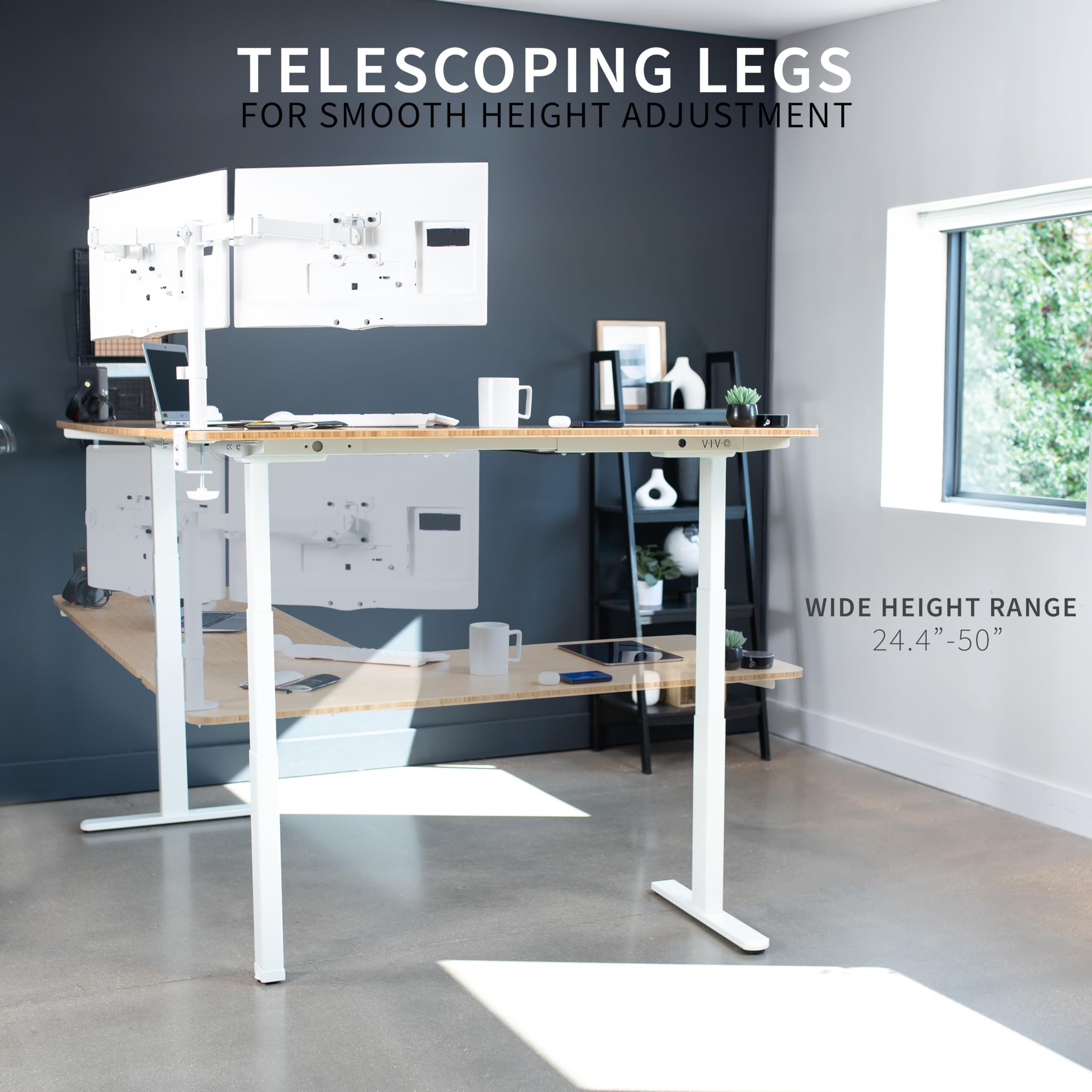 VIVO Electric Height Adjustable 83 x 60 inch Corner Stand Up Desk 2 Solid Bamboo Table Tops White — view 6