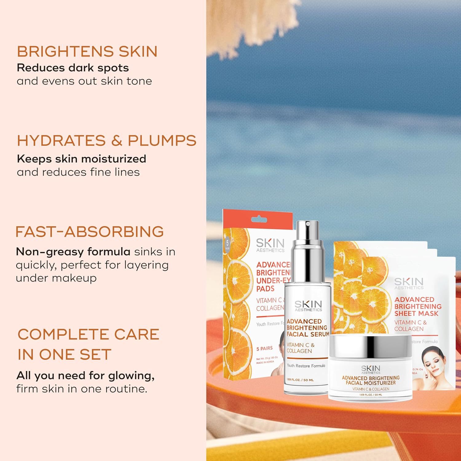 Skin Aesthetics Vitamin C & Collagen Set – Dermatologist Tested, Anti Aging, Korean Skin Care – Firms, Smooths, Hydrates and Revitalizes Tone – Vegan, Clean Beauty – Moisturizer, Mask & Eye Pads