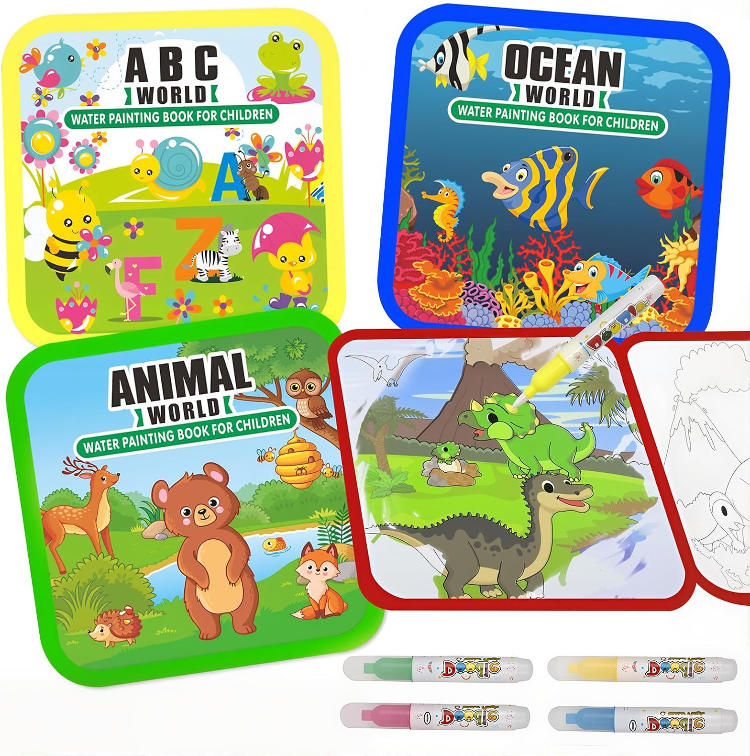 Water Painting Books for Toddlers, 4 Pack Reusable Magic Water Coloring Book with Water Pen Fairy Tale for Ages 3+, Water Doodle Book Travel Toys for Kids(Mix-4color)
