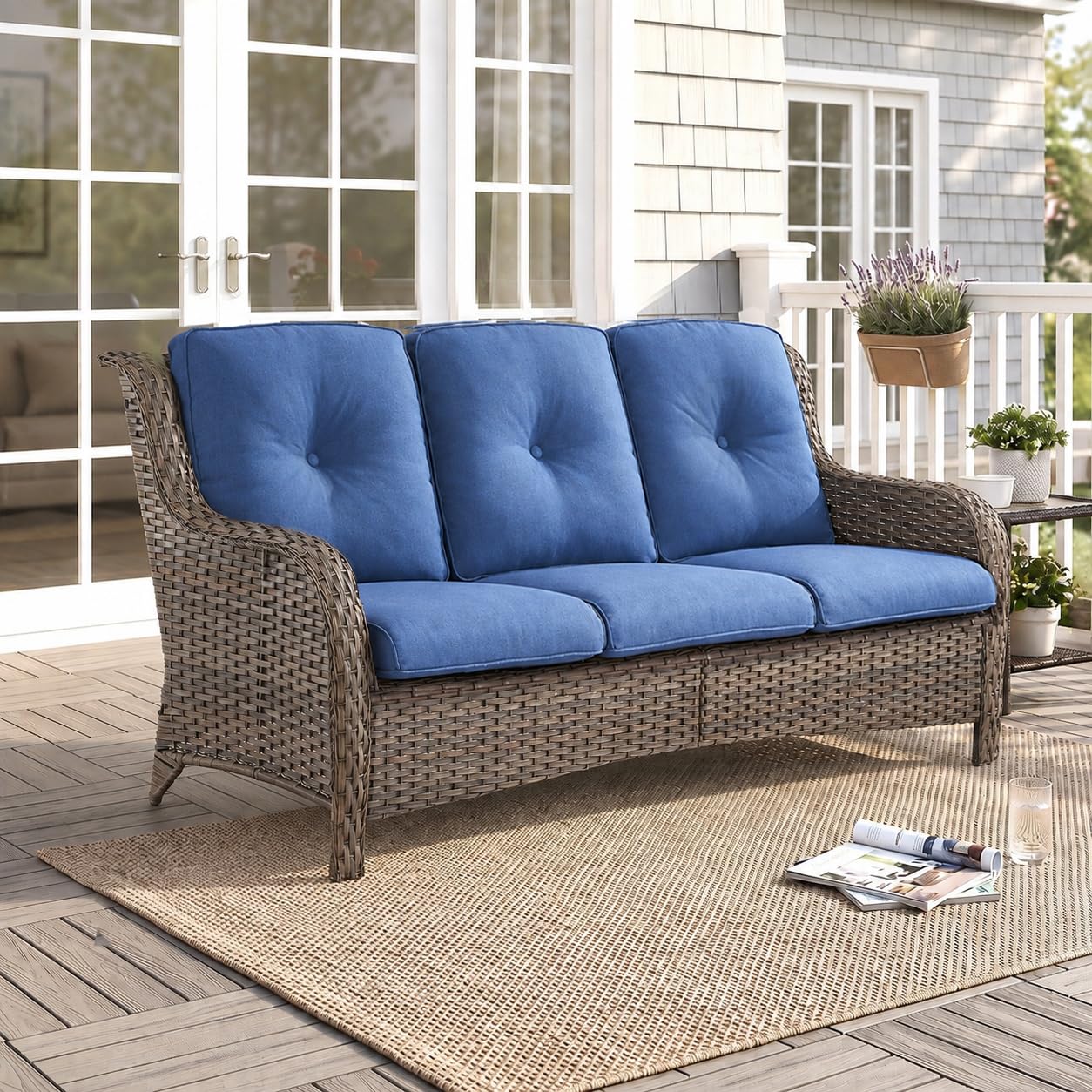 3 Seat Grey Outdoor Wicker Patio Sofa, Rattan Patio Couch, Blue Cushions