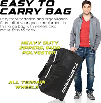 Winnwell Hockey Wheel Goalie Bag - Large Equipment Bag with Wheels to Store Goalie Gear - Made for Ice & Field Hockey Goalies