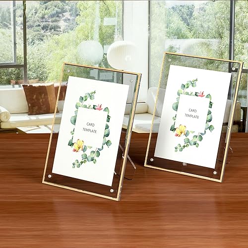 Miniatura 5 de Portarretratos transparente de 6 x 8 pulgadas con borde dorado, paquete de 3, marco de fotos de plexiglás independiente de escritorio para 6 x 8 o 5