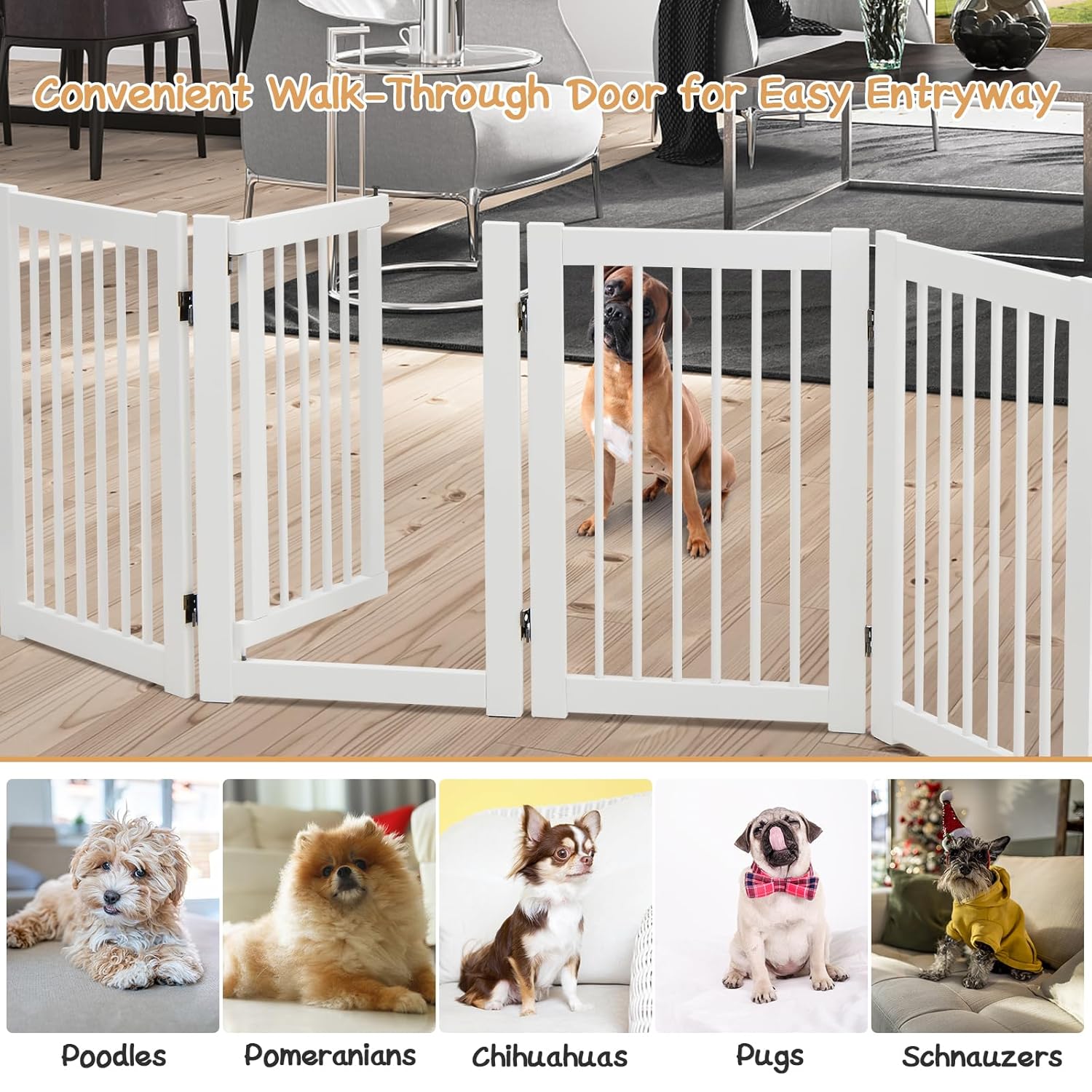 PETSITE Indoor Dog Gate with Walk Through Door, 30 x 80 inch Freestanding 4-Panel White Wooden Pet Gate, Foldable Indoor Dog Puppy Fence for Doorway Stairs Yard